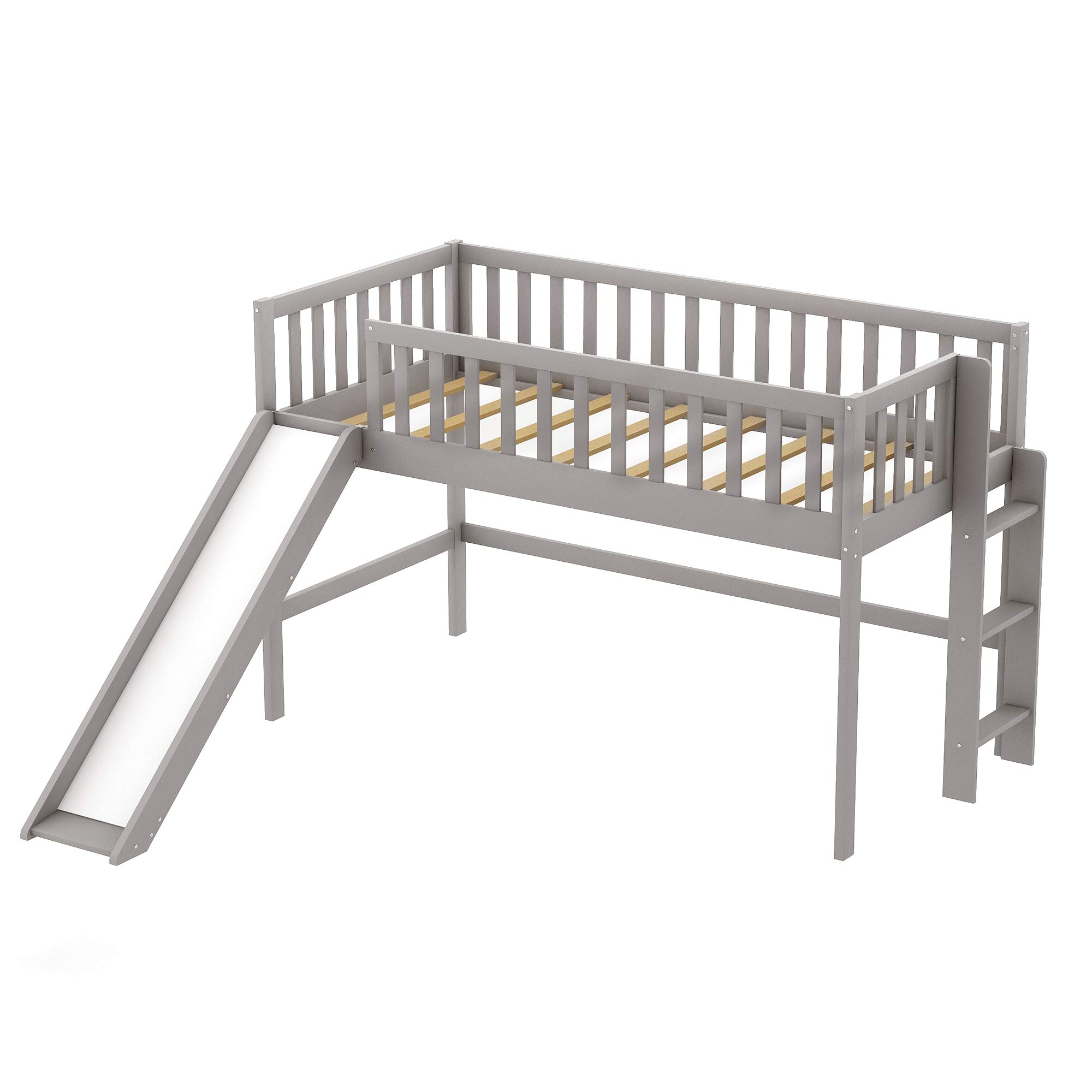 Twin Size Low Loft Bed with Ladder & Slide - Solid Wood Kids Loft Bed Frame for Toddlers & Teens - Space-Saving Low Profile Design (Gray+Pine Wood) - Perfect for Small Bedrooms, Dorms & Playrooms