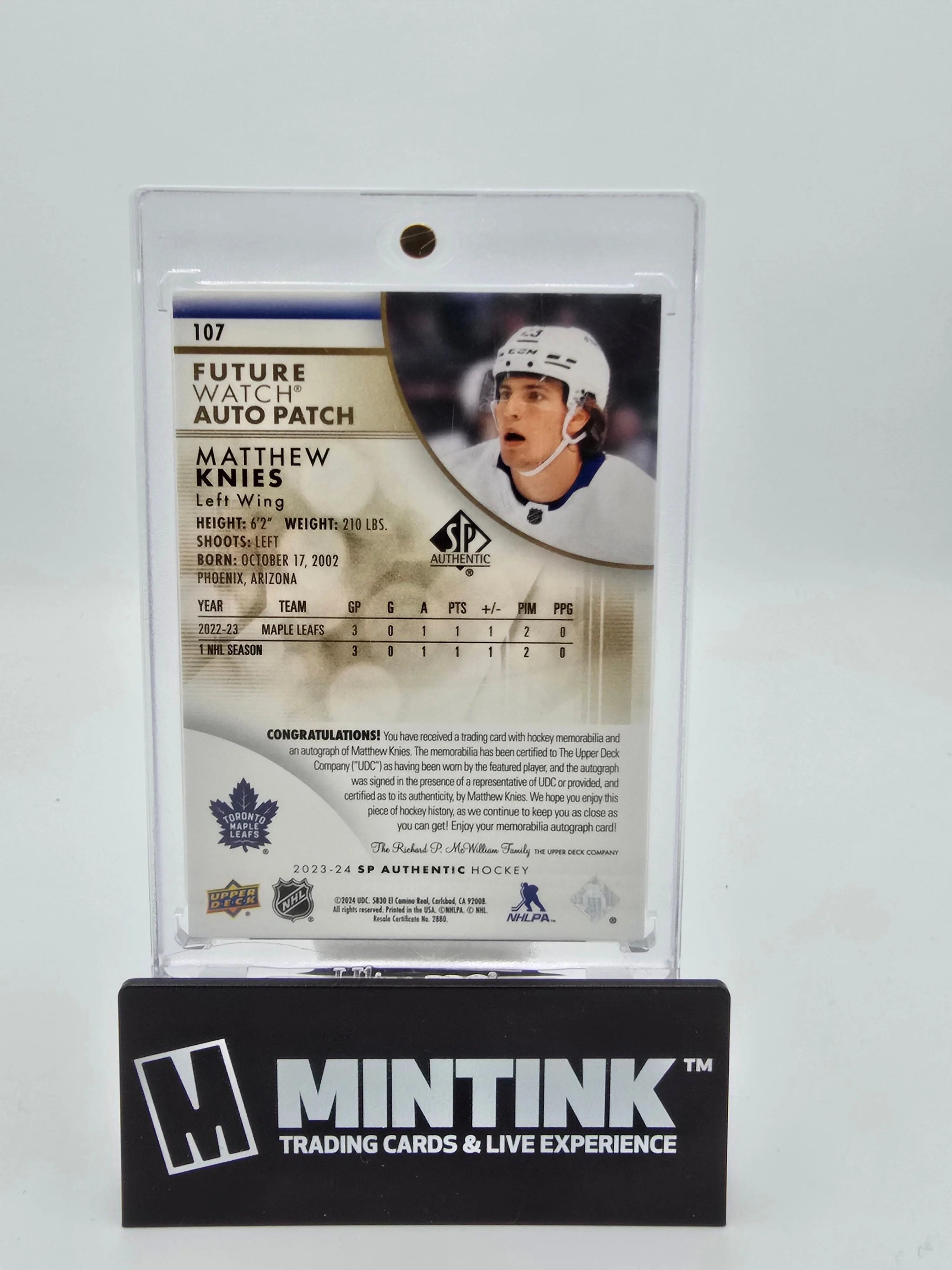 2023-24 Upper Deck SP Authentic Hockey Matthew Knies Future Watch Patch Auto Rookie Card 090/100 #107 - Perfect for NHL Collectors, Hockey Memorabilia Fans & Sports Card Investors