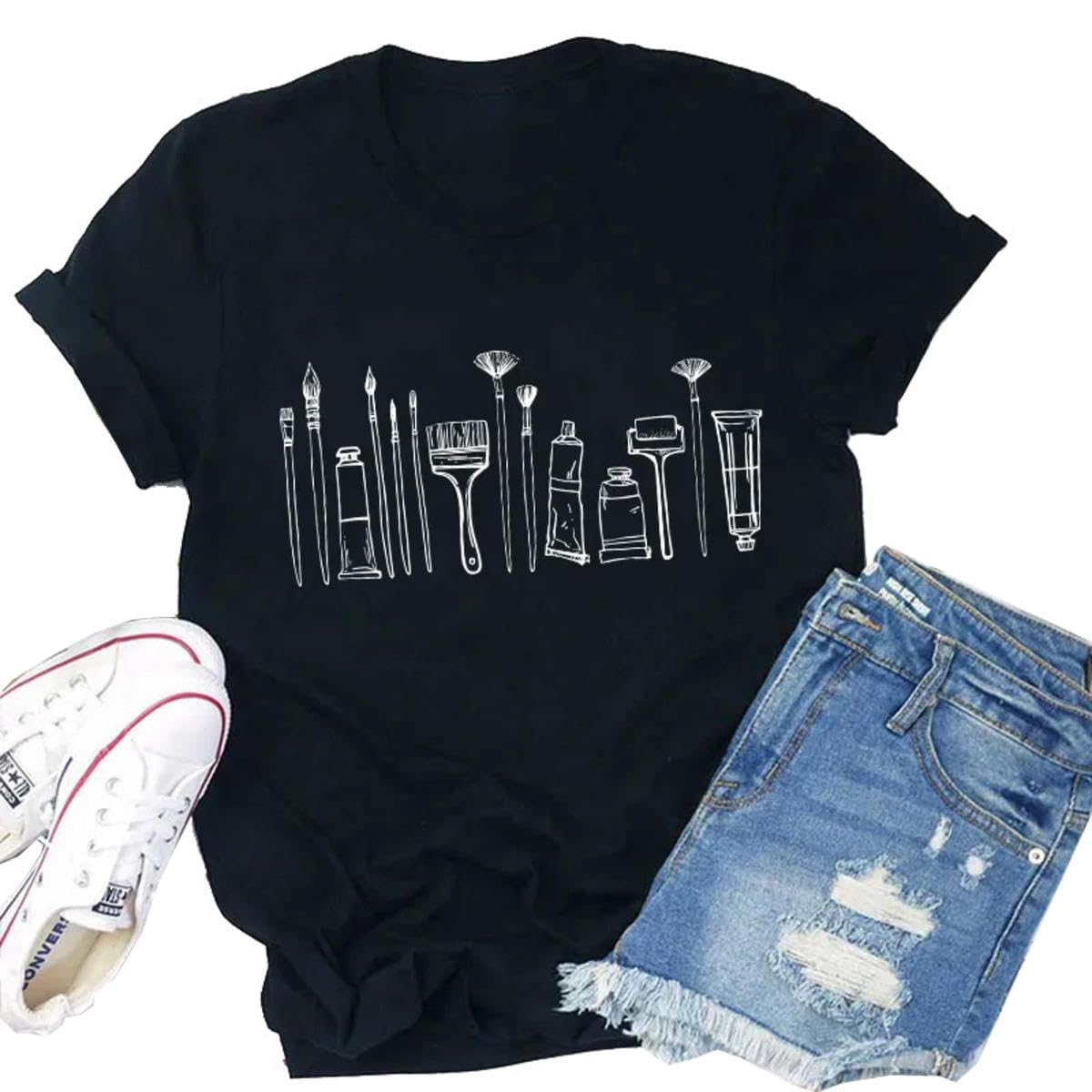 Vintage Art Teacher T-Shirt - Sketch & Paint Brushes Design - Perfect for Artists, Educators & Art Lovers