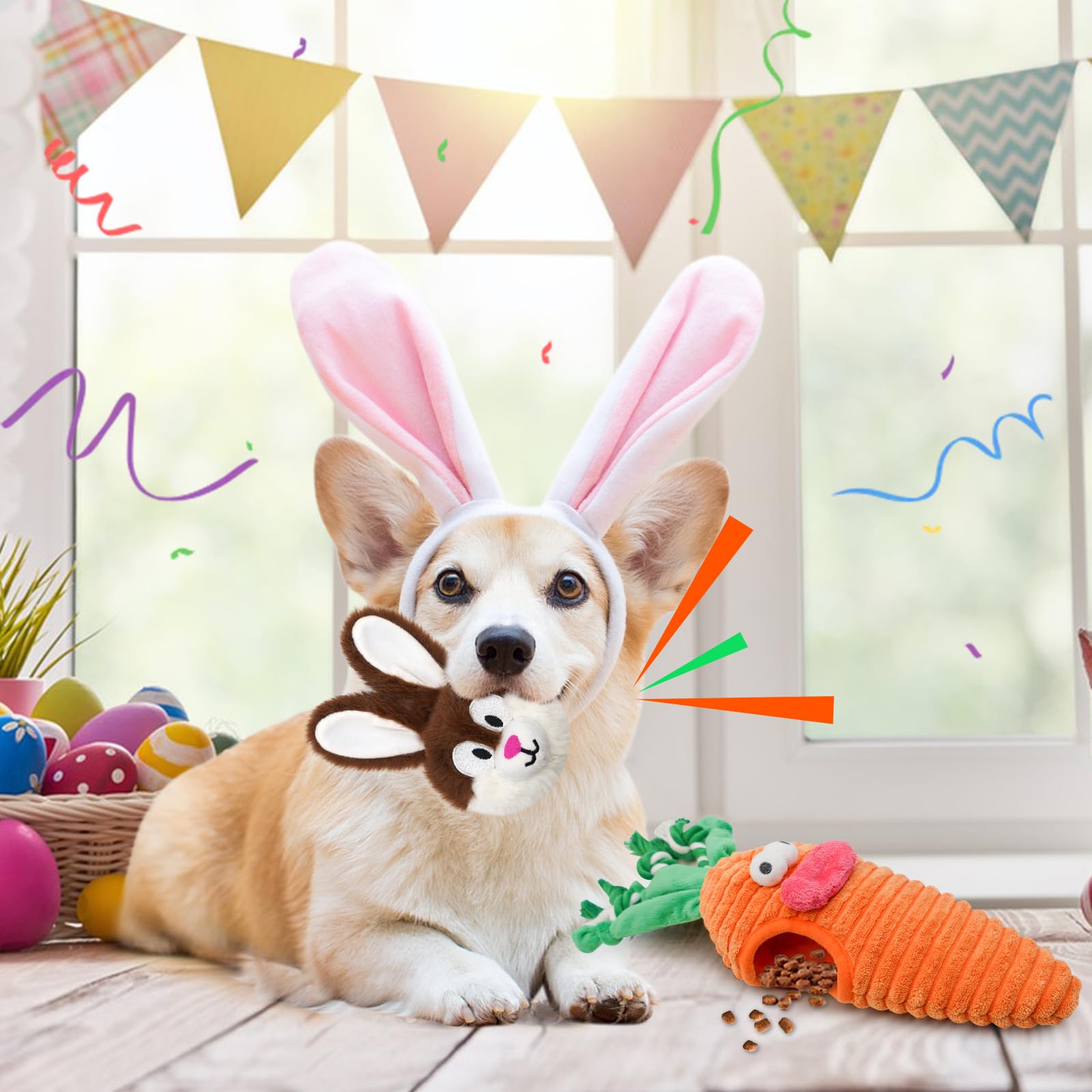 Easter Dog Toys for Small & Medium Dogs - Hide & Seek Squeaky Puzzle Toys with Rope, Cute Bunny & Carrot Design - Interactive Chew Toys for Teething Puppies - Perfect Easter Gift for Dogs & Fun Indoor Playtime
