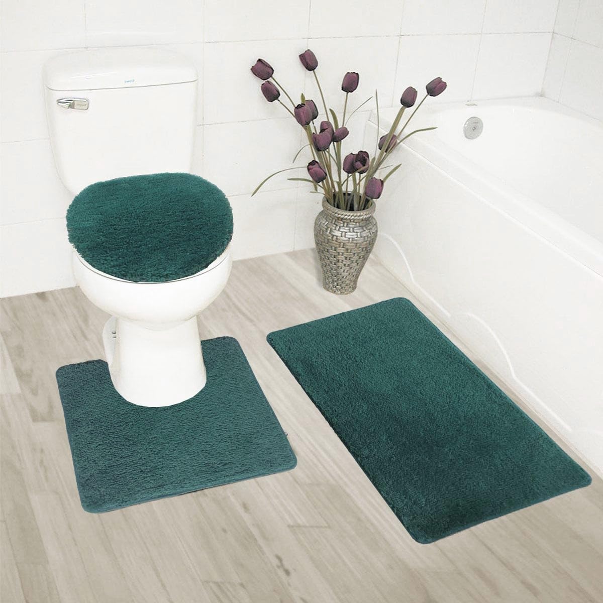 3-Piece Ultra Soft Polyester Bathroom Rug Set with Toilet Lid Cover - Non-Slip, Absorbent, Machine Washable - Hunter Green - Perfect for Bathroom, Powder Room & Guest Bath Decor