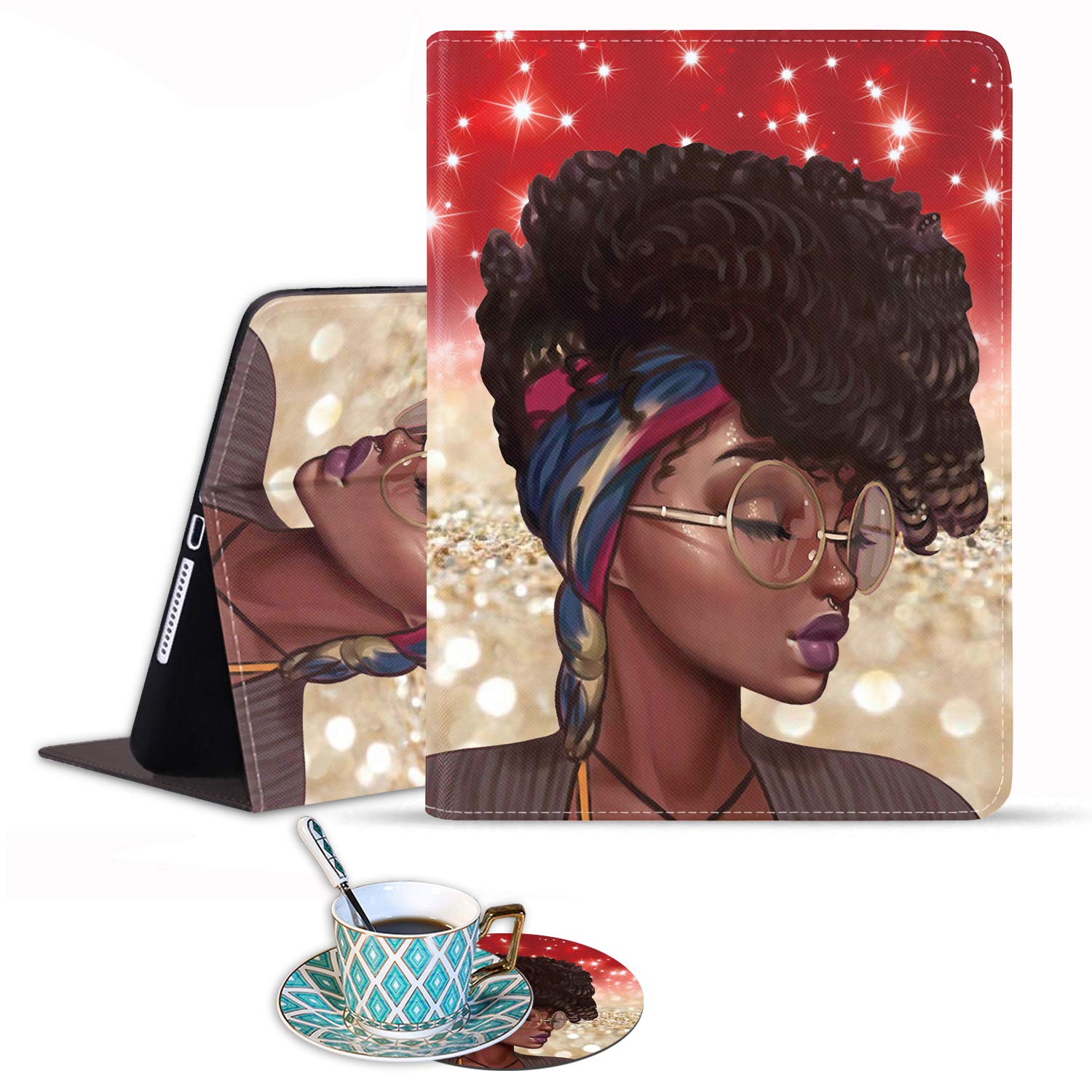Premium PU Leather Business Folio Case with Auto Wake/Sleep for iPad 9.7 (2017/2018) & iPad Air/Air 2 - Slim Folding Stand Cover with Coaster Set - Perfect for Office, Travel & Home Use (African American Design)
