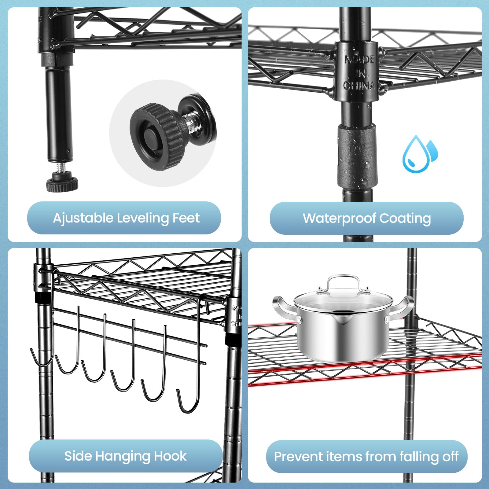 Himimi 6-Tier Adjustable Wire Storage Shelf - Free Standing Metal Shelving Unit with Leveling Feet & Stainless Hooks - Black (2-Pack) - Perfect for Laundry Room, Bathroom, Kitchen Pantry & Closet Organization