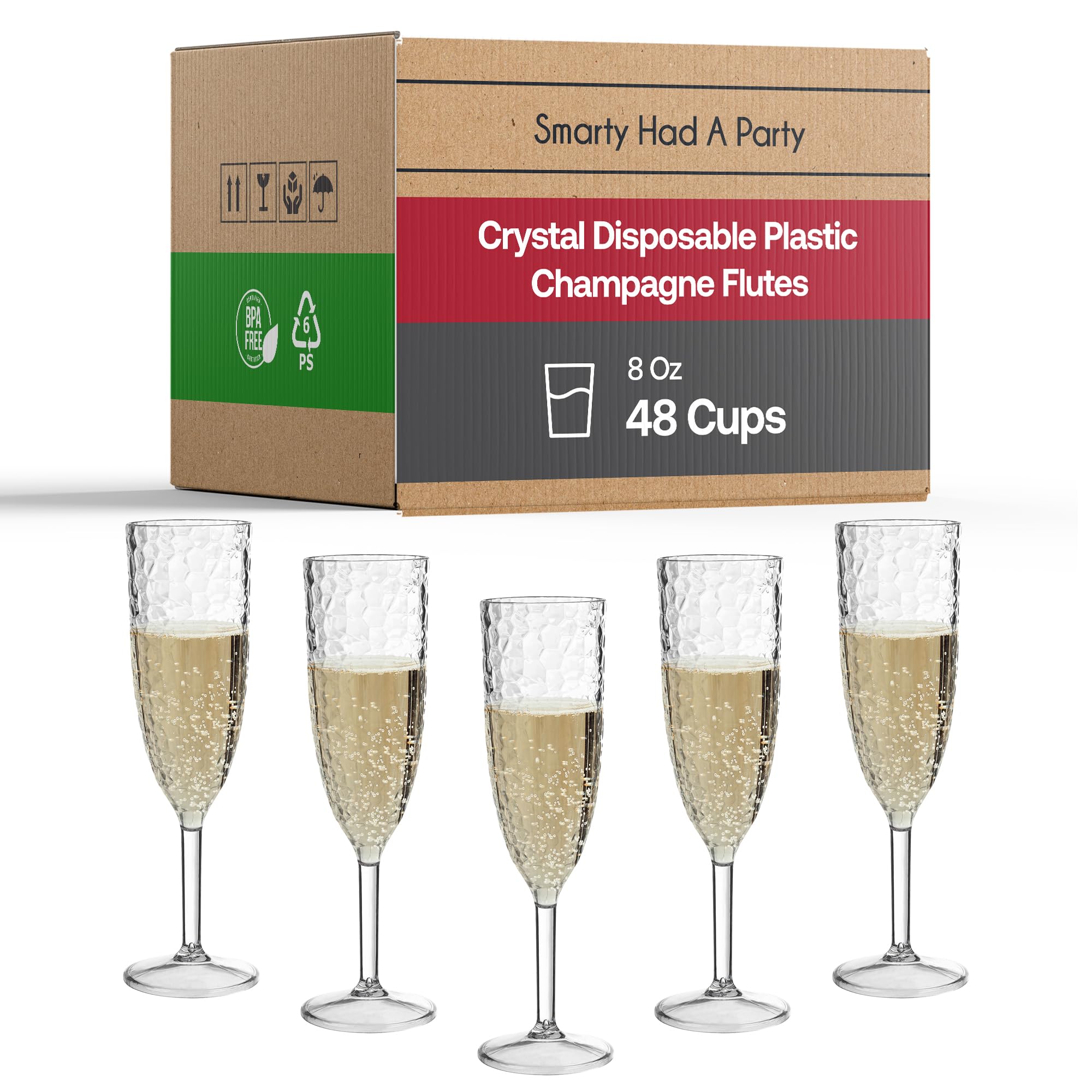 Smarty Had A Party 8 oz Clear Crystal Cut Plastic Champagne Flutes - 48 Pack Unbreakable Disposable Drinkware for Weddings, Parties & Special Events | Perfect for Toasting, Celebrations & Elegant Gatherings