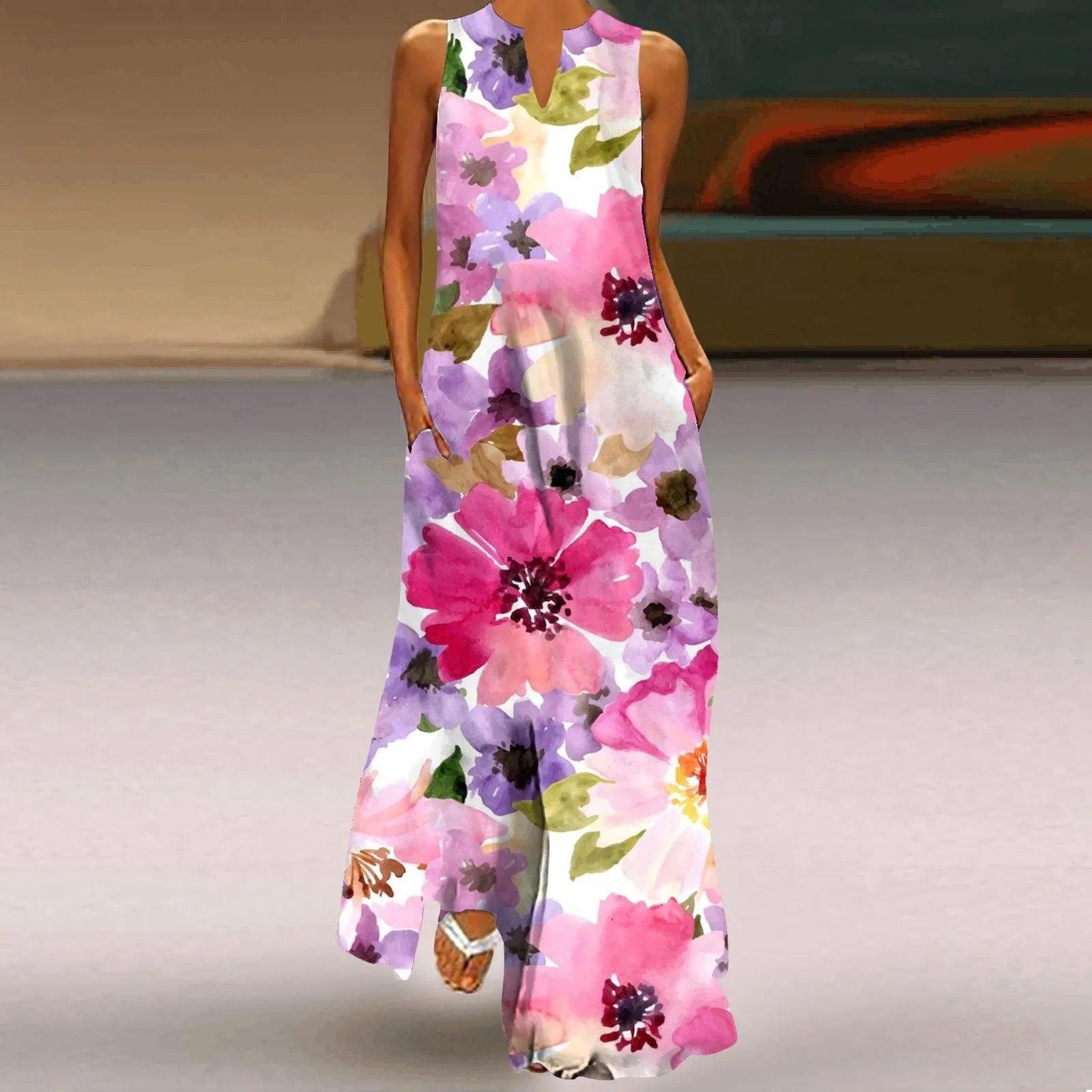 Stylish Women's Floral Print Hollow V-Neck Maxi Dress - Sleeveless Loose Fit Summer Beach Dress for Vacation, Seaside Outings & Boho Chic Occasions