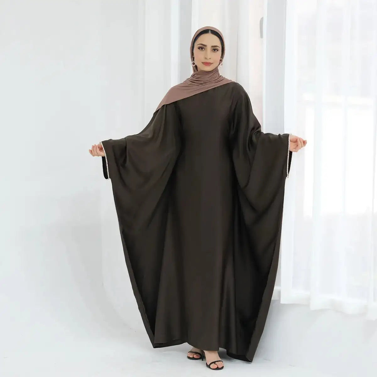 Elegant Beaded Batwing Sleeve Satin Farasha Abaya Dress for Women | Modest Islamic Evening Gown | Perfect for Weddings, Eid Celebrations & Special Occasions