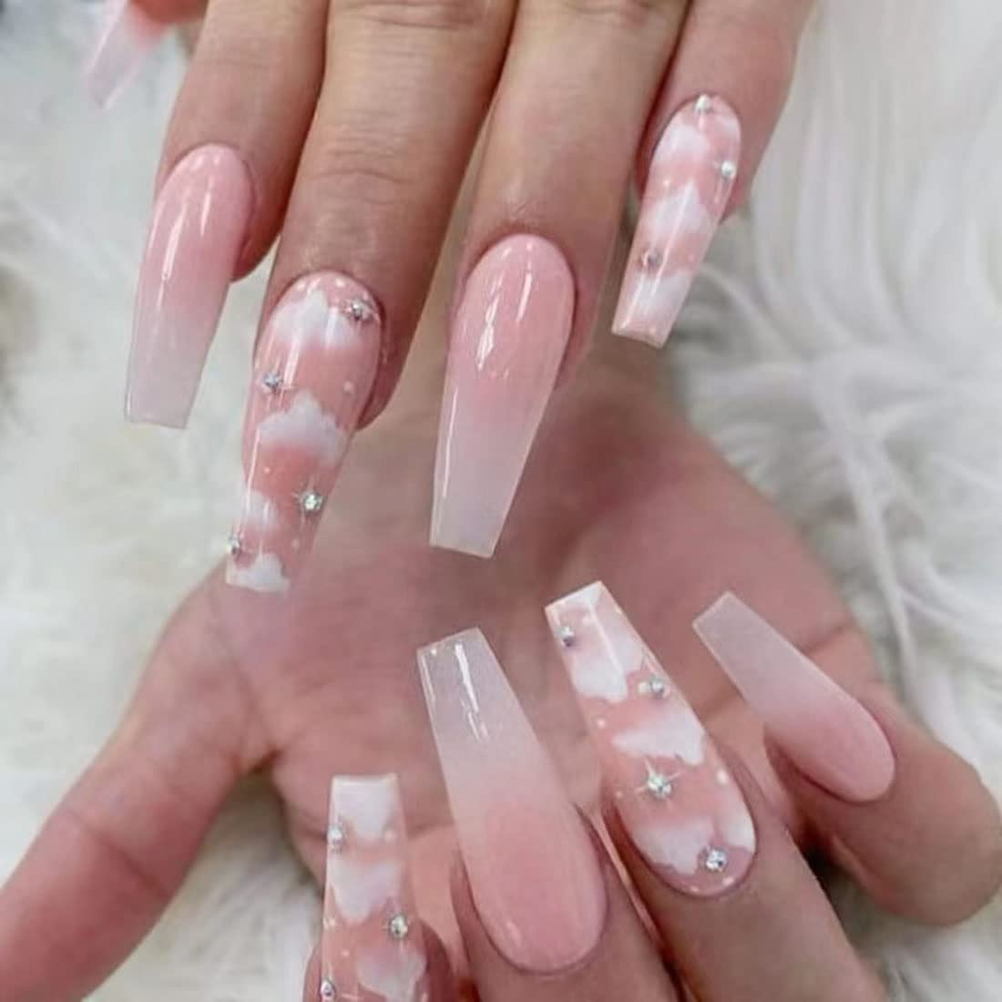 24pcs Coffin Fake Nails - Nude Gradient Press on False Nails Long Ballerina Style, Full Cover Artificial Nails for Women & Girls | Pink Glam Nail Tips for Parties, Weddings & Special Occasions