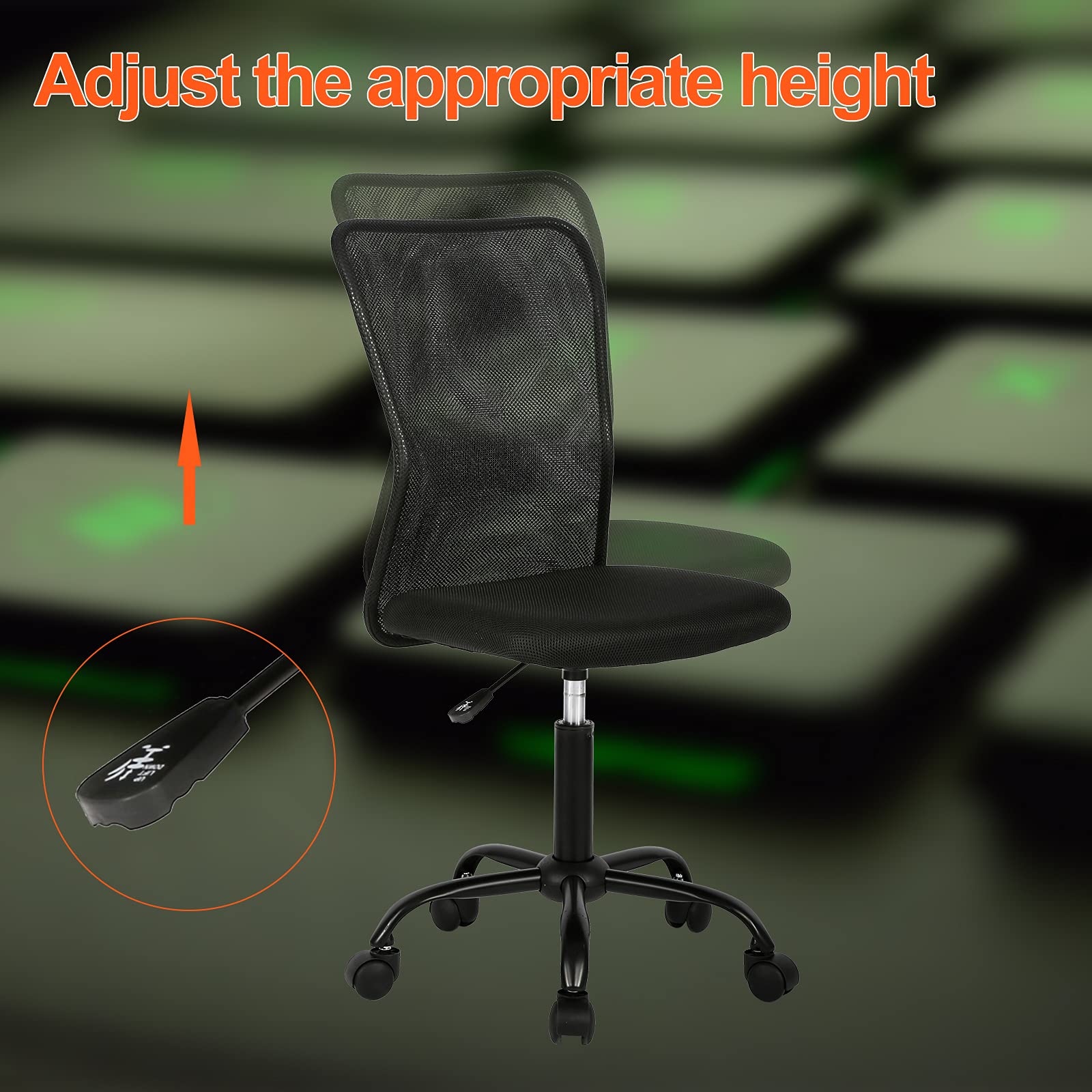 Ergonomic Armless Mesh Office Chair - Adjustable Height, Rolling Swivel & Lumbar Support - Perfect for Home Office, Conference Room & Small Spaces (Black, 16.7