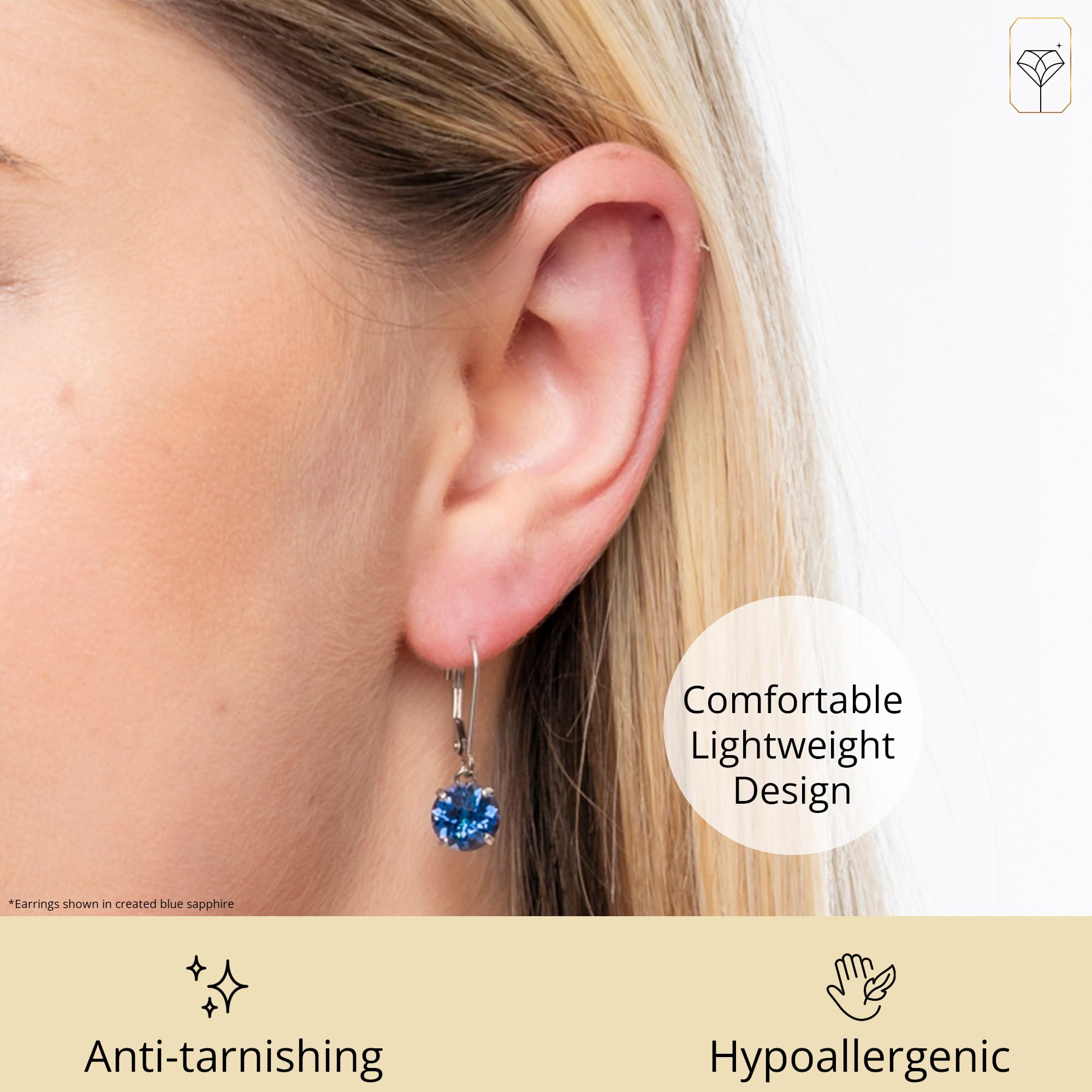 925 Sterling Silver 8mm Round Birthstone Stud Earrings for Women - Durable Leverback Closure - Perfect for Birthdays, Anniversaries & Everyday Wear (Month Gemstone Options Available)