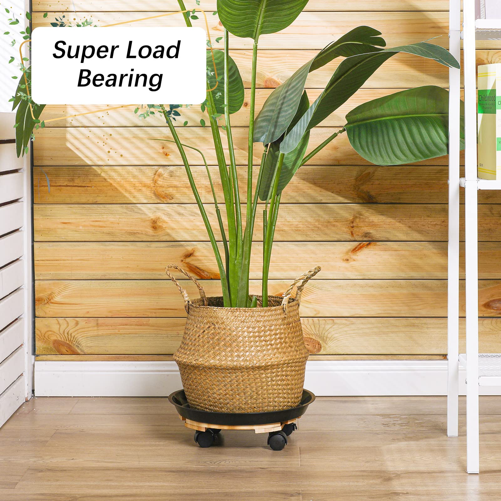 4-Piece Heavy Duty Wooden Plant Caddy with Wheels - Lockable Rolling Plant Stand for Indoor, Outdoor, Patio Use - 12 Inch Round Plant Dolly for Large Potted Plants - Perfect for Moving Heavy Planters in Gardens, Balconies & Greenhouses