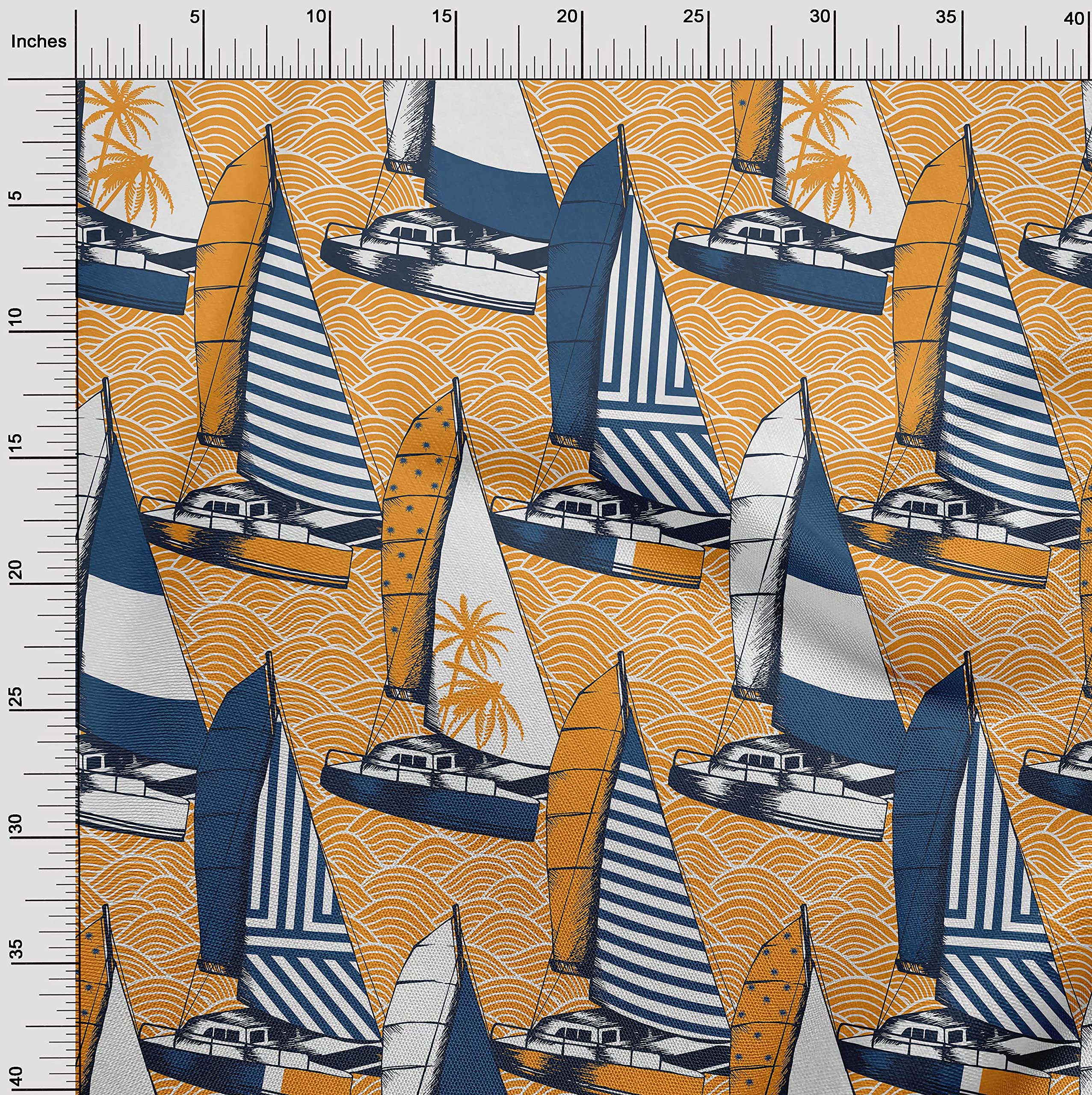 oneOone Polyester Spandex Mustard Yellow Nautical Print Fabric - 56 Inch Wide DIY Sewing Material for Clothing, Dresses & Home Decor Projects | Soft Stretch Fabric for Crafts, Quilting & Upholstery