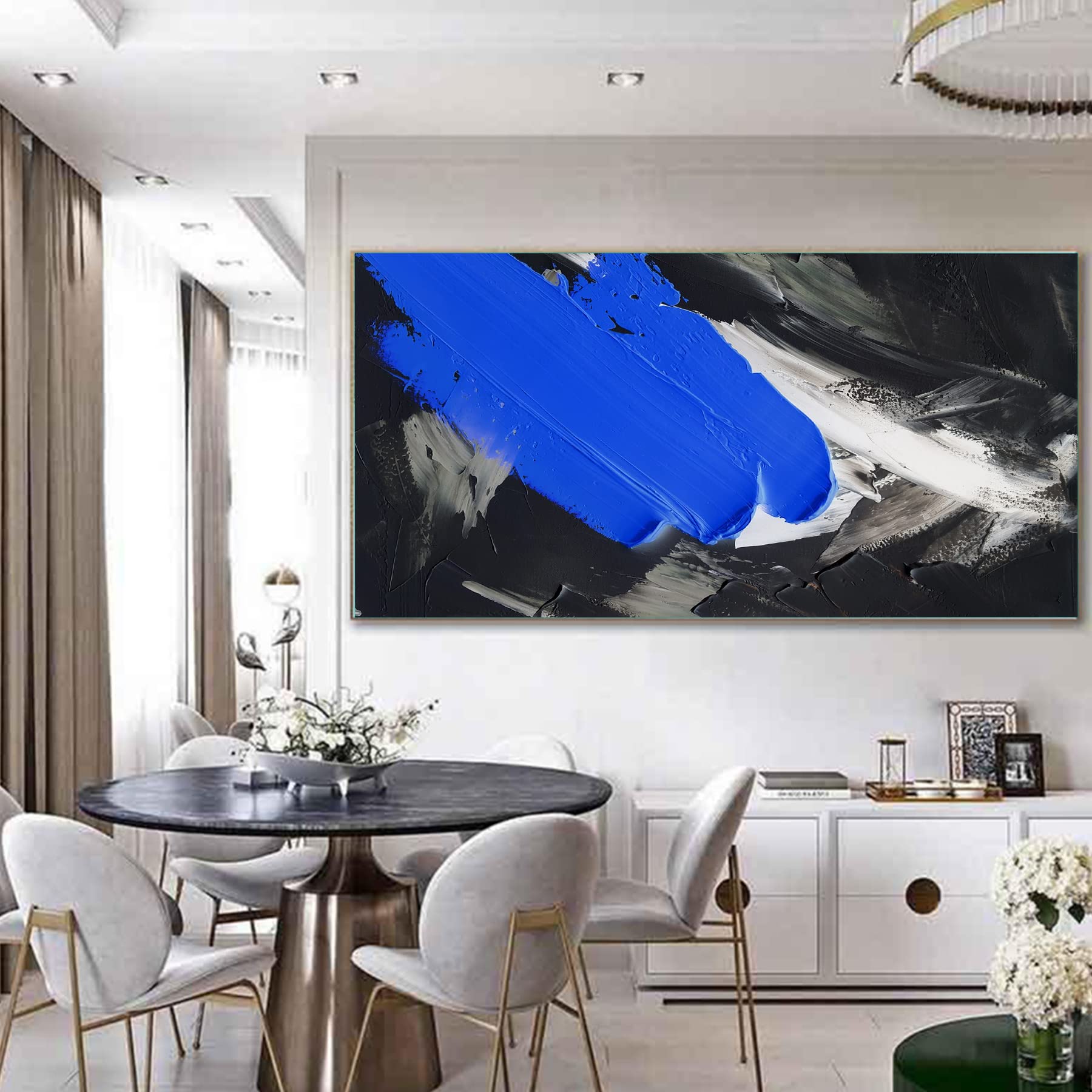 64x32 Inches Modern Abstract Oil Painting - Mid Century Wall Art Print in Black, White & Beige | Neutral Minimalist Gallery Art for Living Room, Bedroom & Office Decor