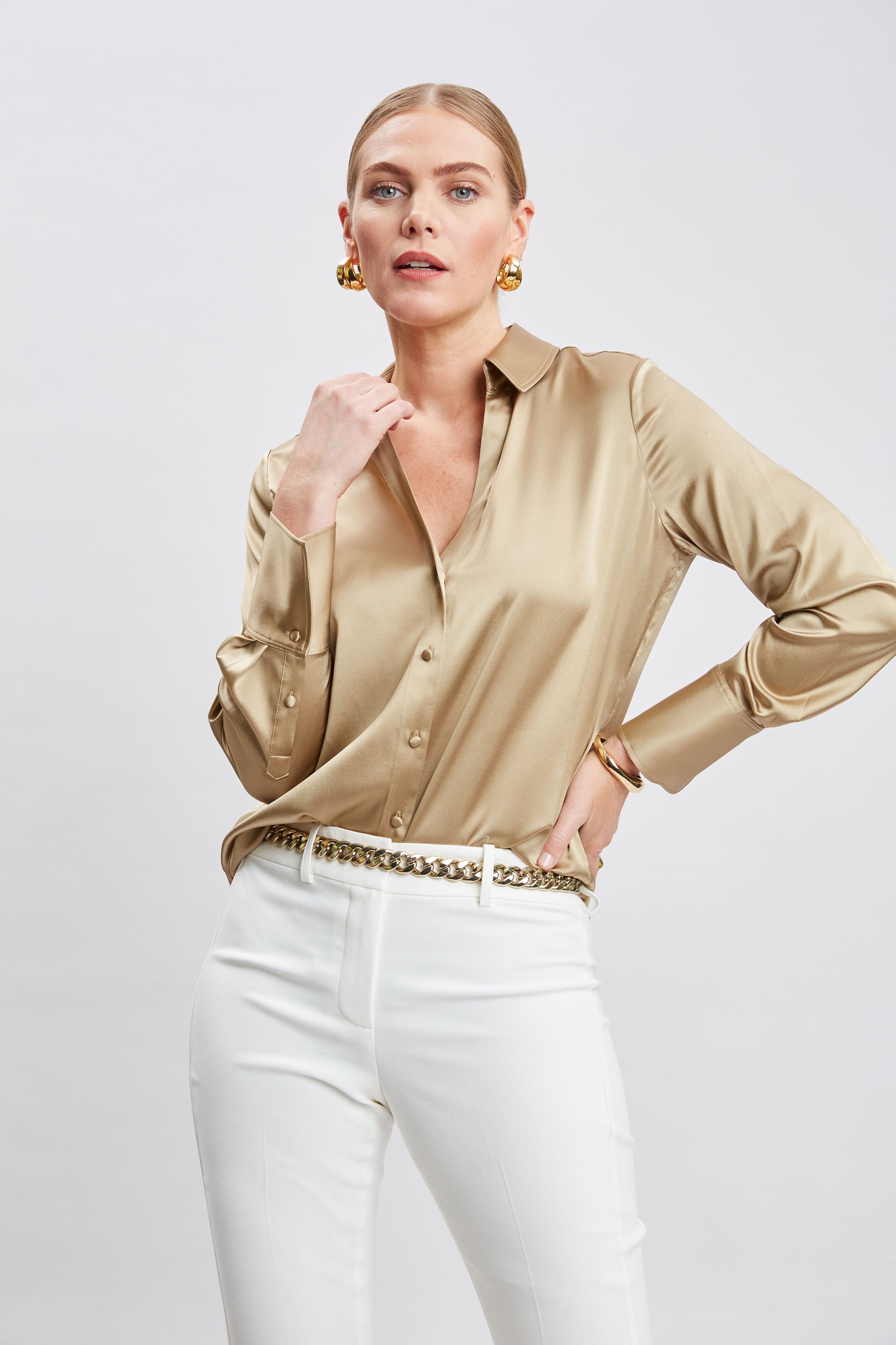 Luxury Silk Satin Button Down Shirt for Women - Elegant Blouse for Office, Party & Formal Wear - Soft & Shiny Business Casual Shirt