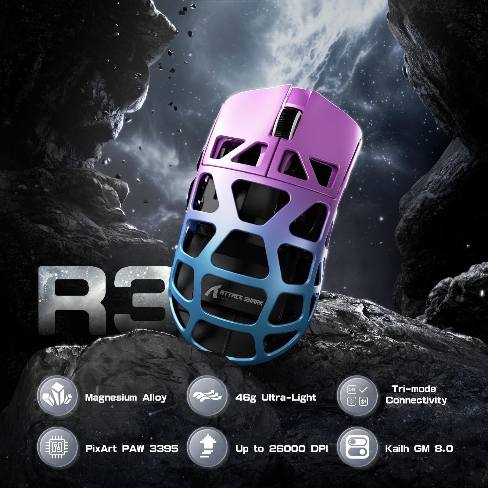 Attack Shark R3PRO 46g Ultra-Light Magnesium Alloy Gaming Mouse - 8000Hz Wireless, 26000DPI, 2.4G/BT/Wired, PixArt PAW3395 Sensor, Programmable Buttons with Coiled Cable - Perfect for FPS, MOBA & MMO Games on PC/Mac (Purple)