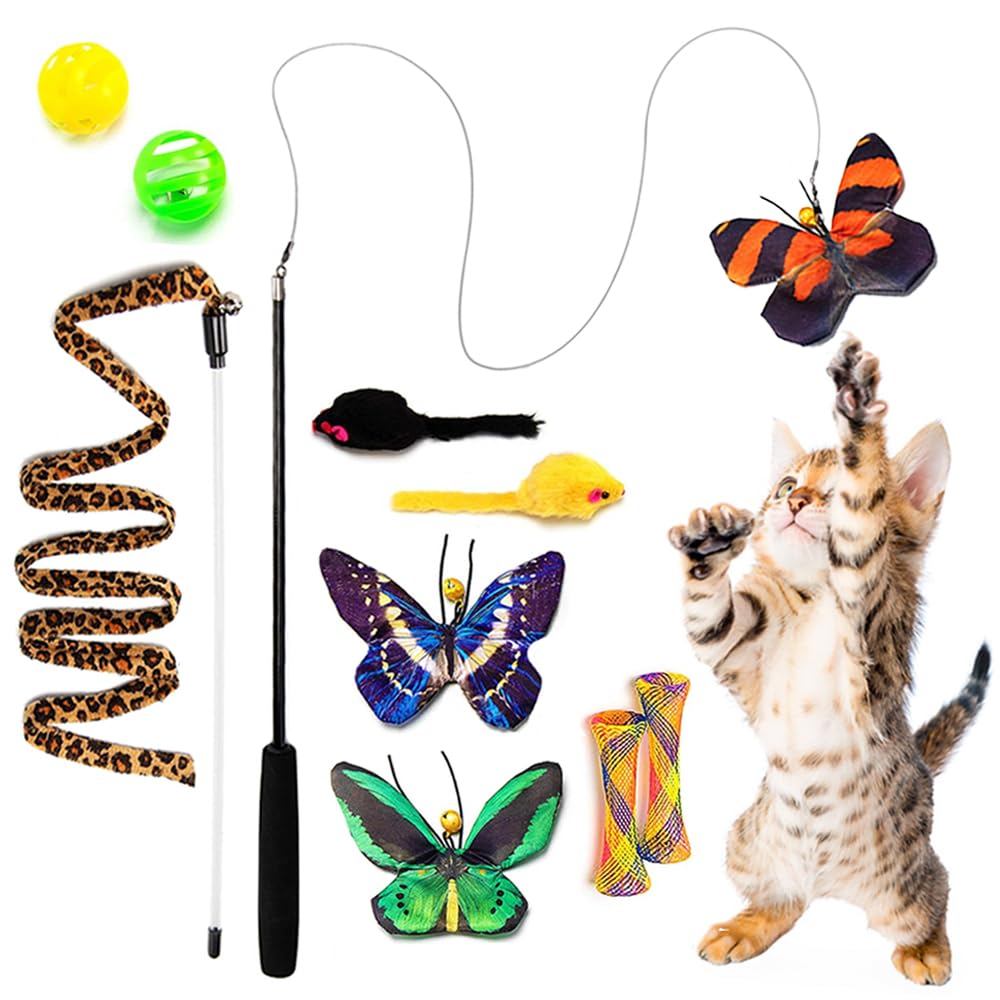 Butterfly Cat Wand Toy Set - 11 PCS Interactive Cat Toys with Realistic Crinkle Catnip Butterflies & Retractable Wand for Indoor Cats - Perfect for Playtime, Exercise and Bonding with Your Kitten