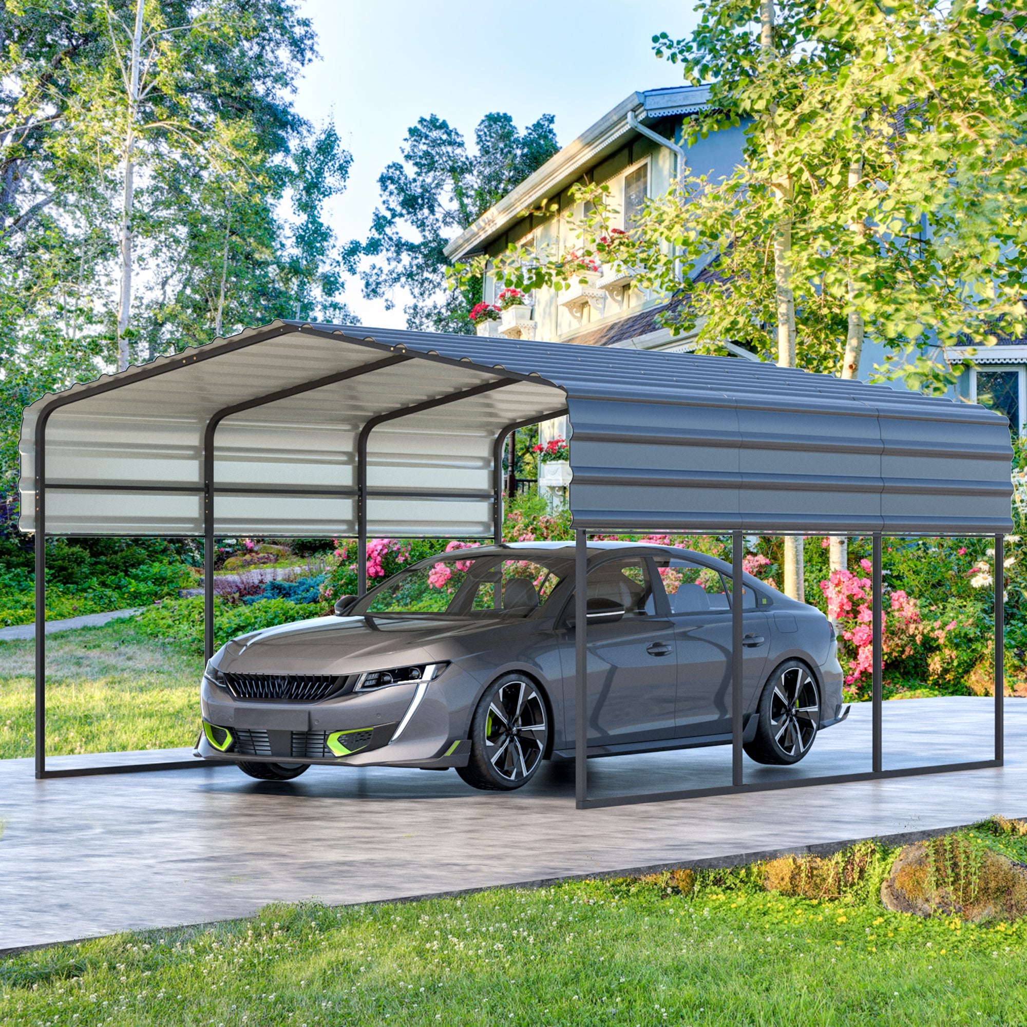 EROMMY 10' x 15' Galvanized Steel Carport - Heavy Duty Metal Shelter for Cars, Trucks, Boats & Tractors | Weatherproof Outdoor Vehicle Protection for Driveway, Farm & RV Storage