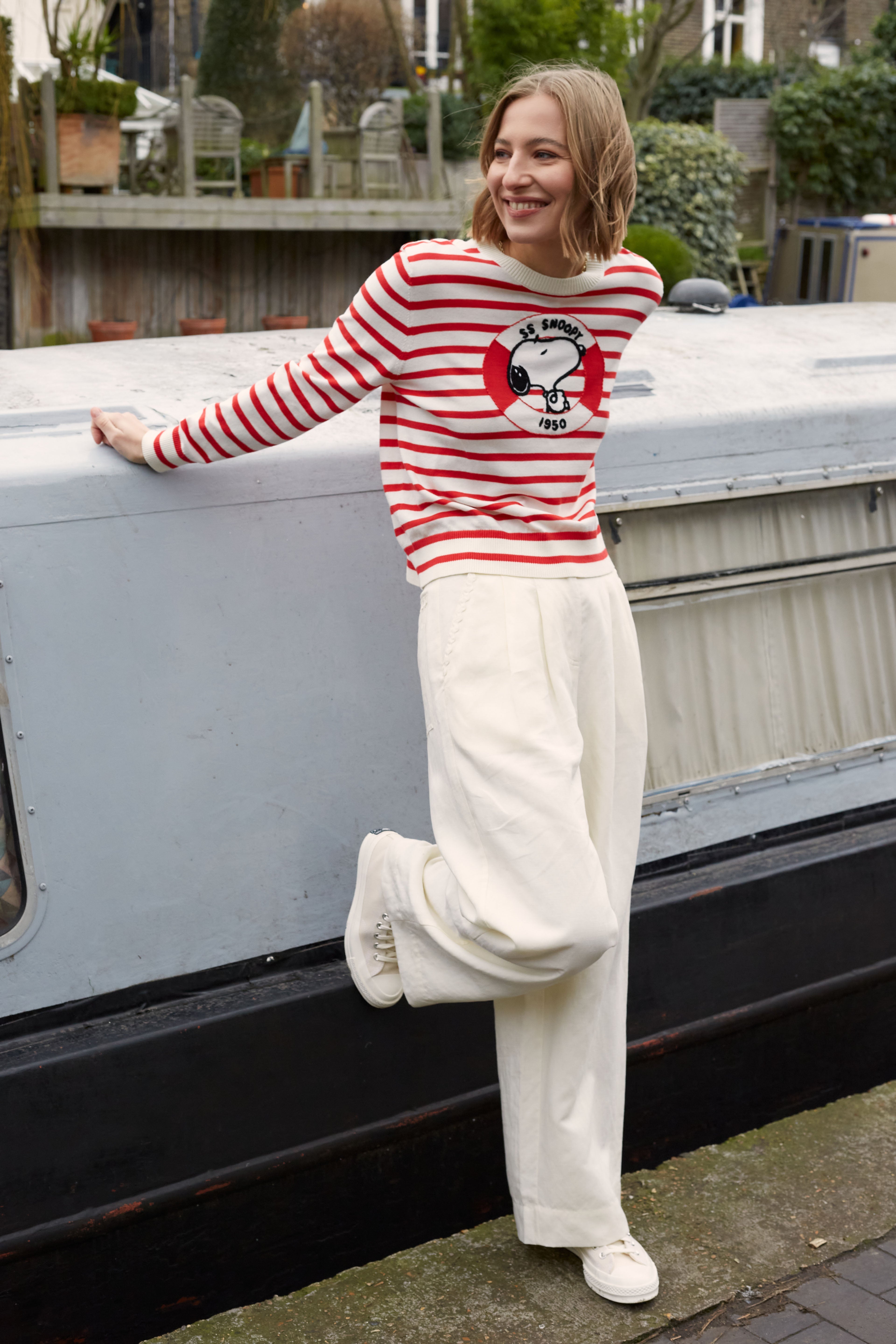 Red Cotton Snoopy Nautical Sweater for Women - Cute Cartoon Dog Pullover - Perfect for Casual Wear, Fall Outfits & Christmas Gifts