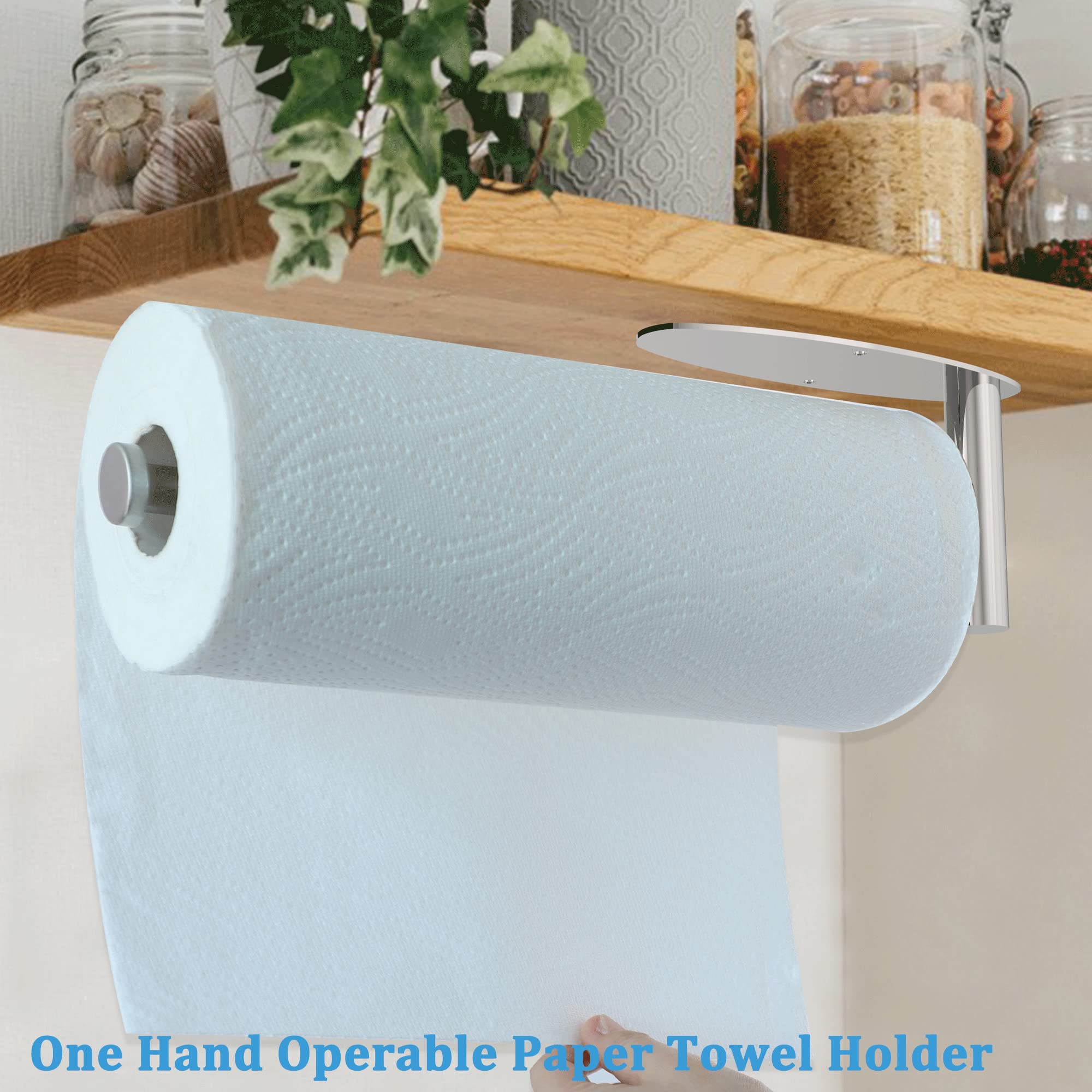 Brushed Nickel Under Cabinet Paper Towel Holder - Wall Mount, Self-Adhesive or Drilled Installation with Damping Stainless Steel - Perfect for Kitchen, Bathroom, RV & Small Spaces - Space-Saving & Durable Design