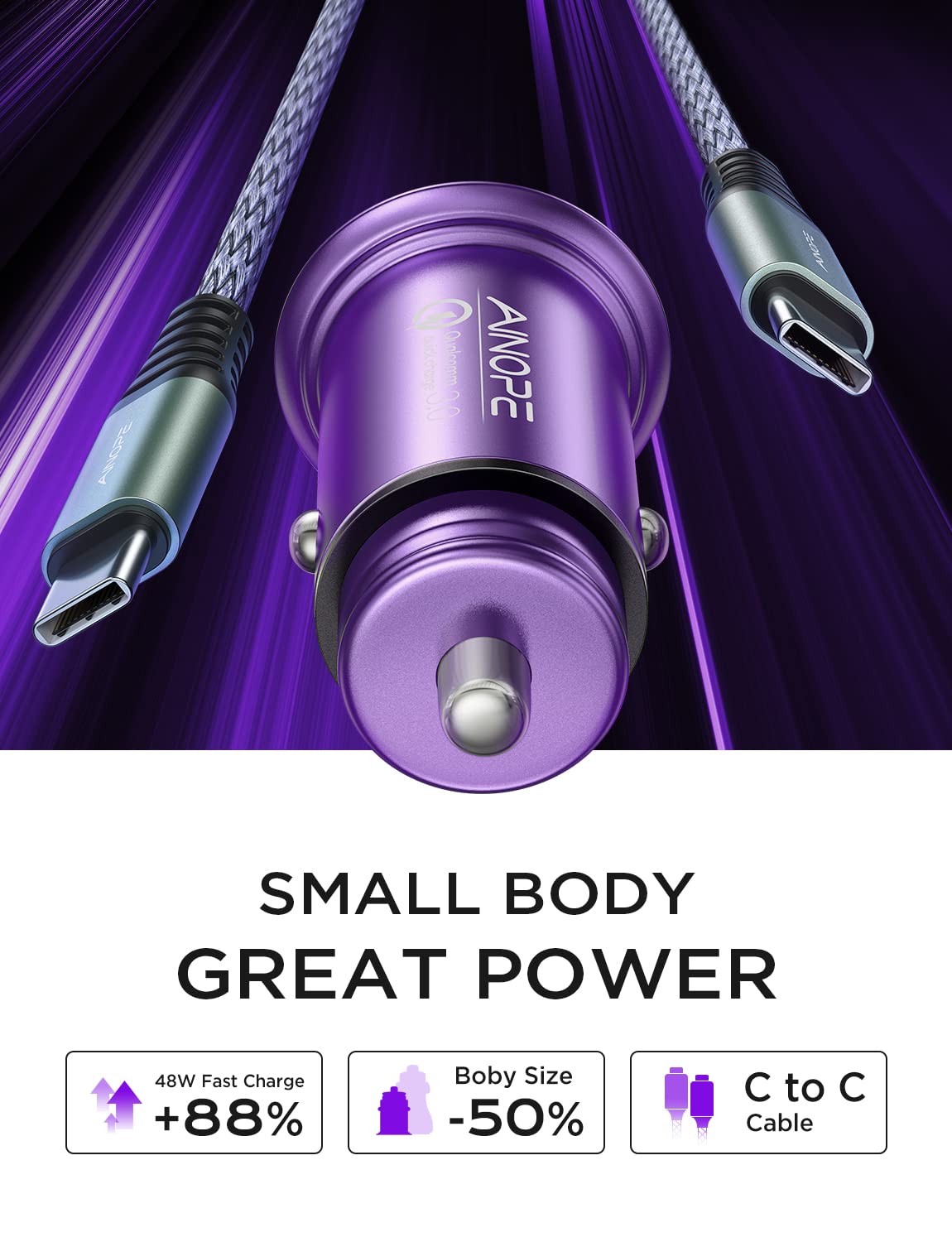 AINOPE 67.5W Dual USB C Car Charger Fast Charging - QC3.0 Cigarette Lighter Adapter for iPhone 16/15, Samsung Galaxy & Android Phones - Compact Purple Car Phone Charger | Perfect for Road Trips & Daily Commutes