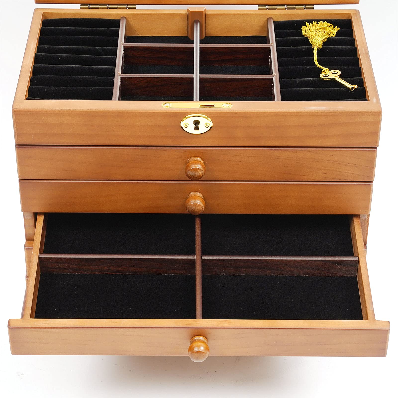 LOYALHEARTDY 6-Layer Large Wooden Jewelry Organizer Box with Mirror & Lock - Ring, Necklace, Earring, Bracelet Storage & Display Case - Perfect Gift for Women & Girls (Home Decor, Bedroom Vanity, Wedding Gift)