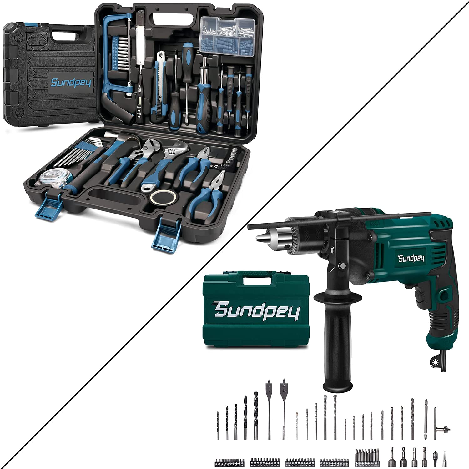 710W 1/2 Inch Electric Power Hammer Drill with Variable Speed (0-2800 RPM) - 80-Piece Household Tool Kit & 257-Piece Complete General Hand Tool Set for Home Improvement, Auto Repair - Perfect for DIY Projects, Woodworking, and Household Maintenance