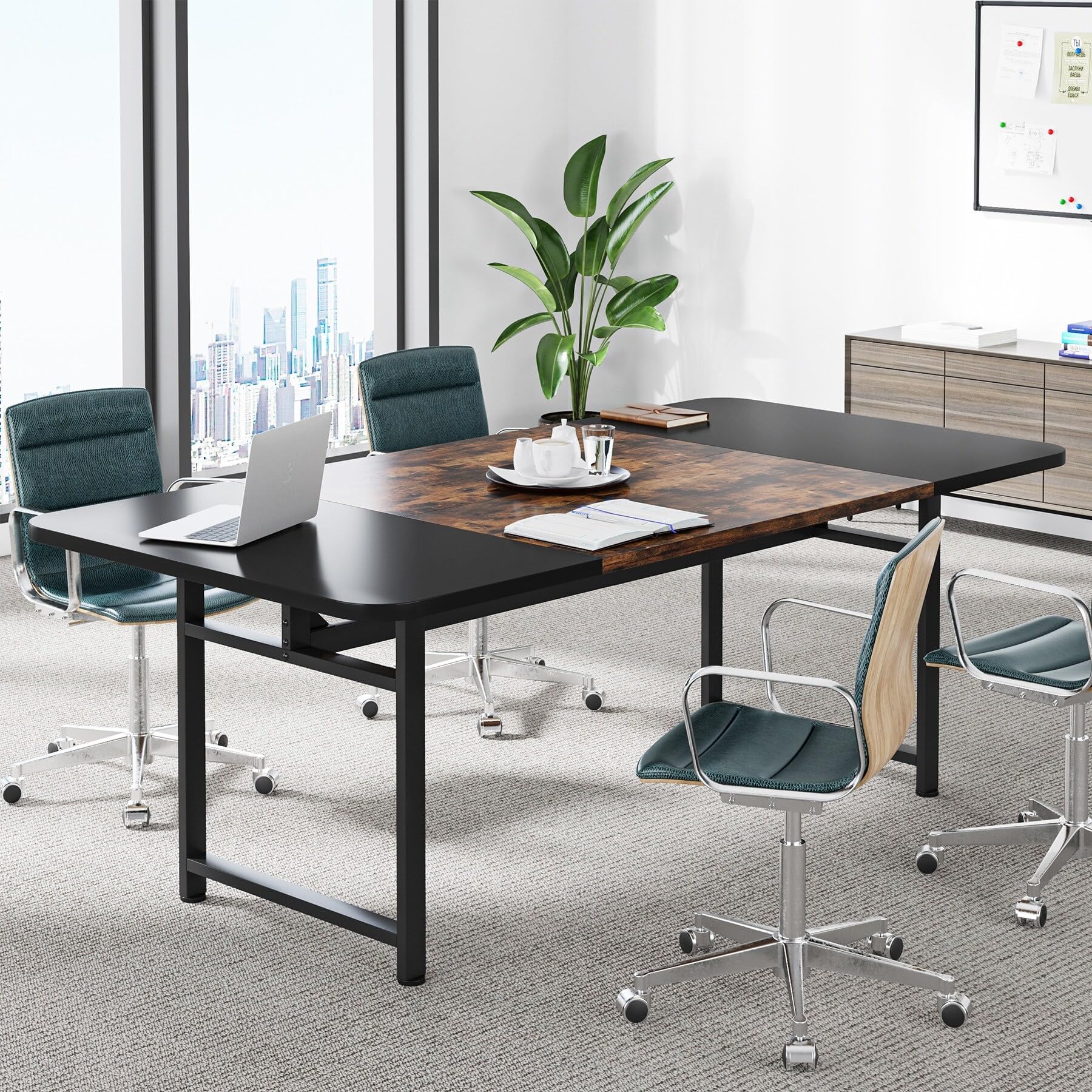 6FT Conference Table - Rustic Brown/Black Meeting Room Table for Home Office, Boardroom & Business Meetings - Durable & Stylish Workspace Solution