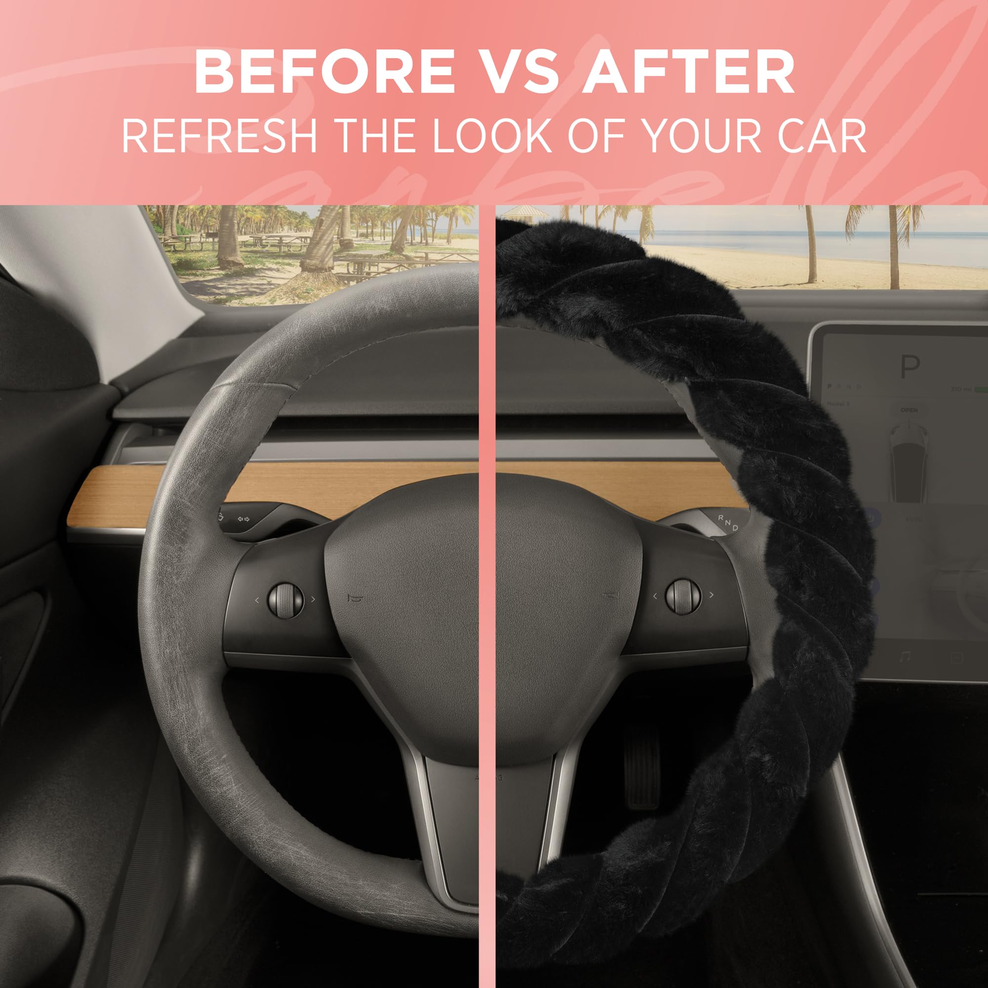 Premium Black Faux Fur Steering Wheel Cover - Soft & Fluffy 15 Inch Universal Fit for Most Cars - Cozy & Stylish Car Accessories for Women - Perfect for Winter Driving & Cold Weather Comfort