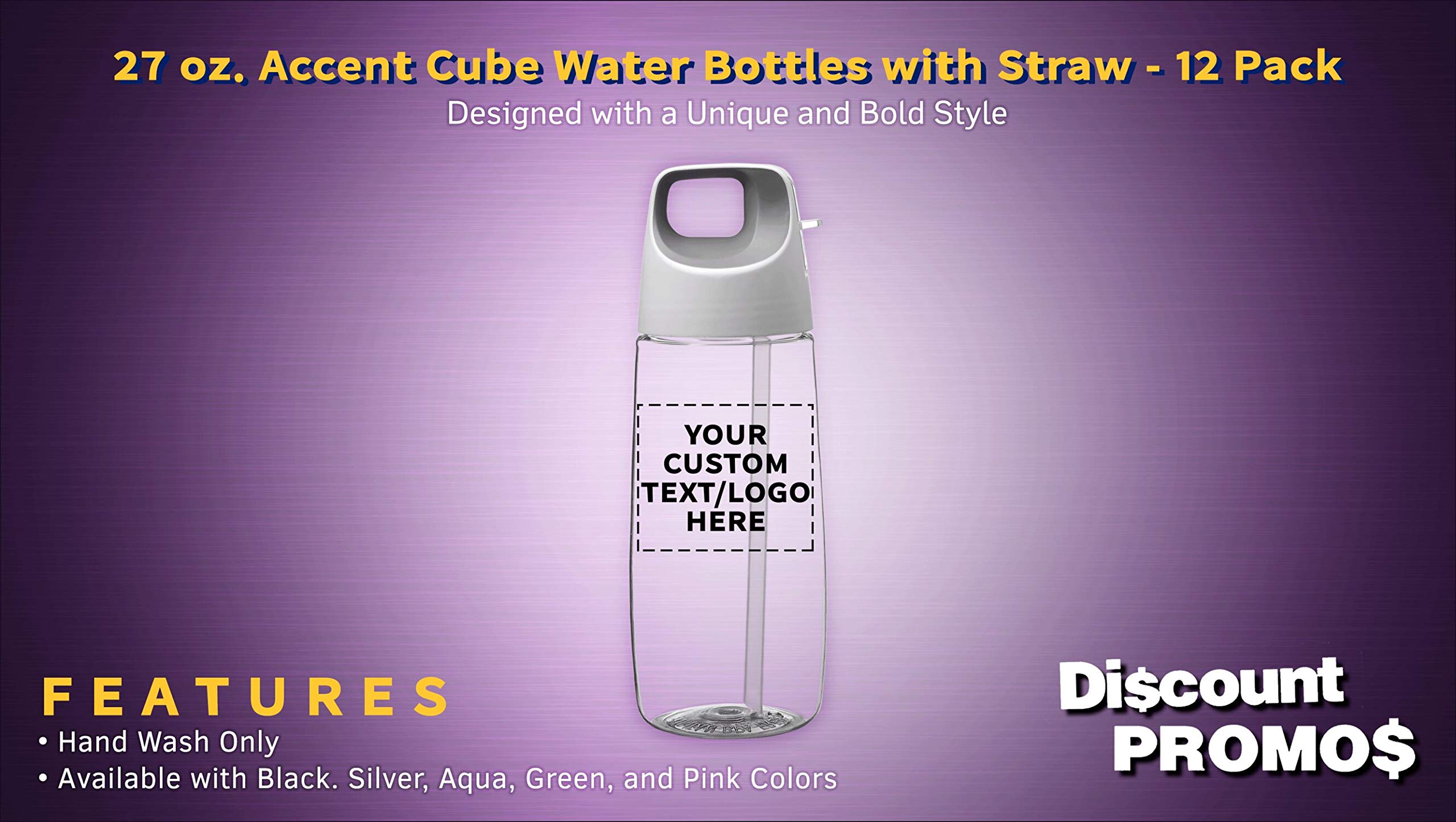 12 Pack 27oz Tritan Plastic Water Bottles with Straw - Custom Text & Logo - BPA Free, Leak Proof - Perfect for Gym, School, Office & Outdoor Activities - Silver Accent Cube Design
