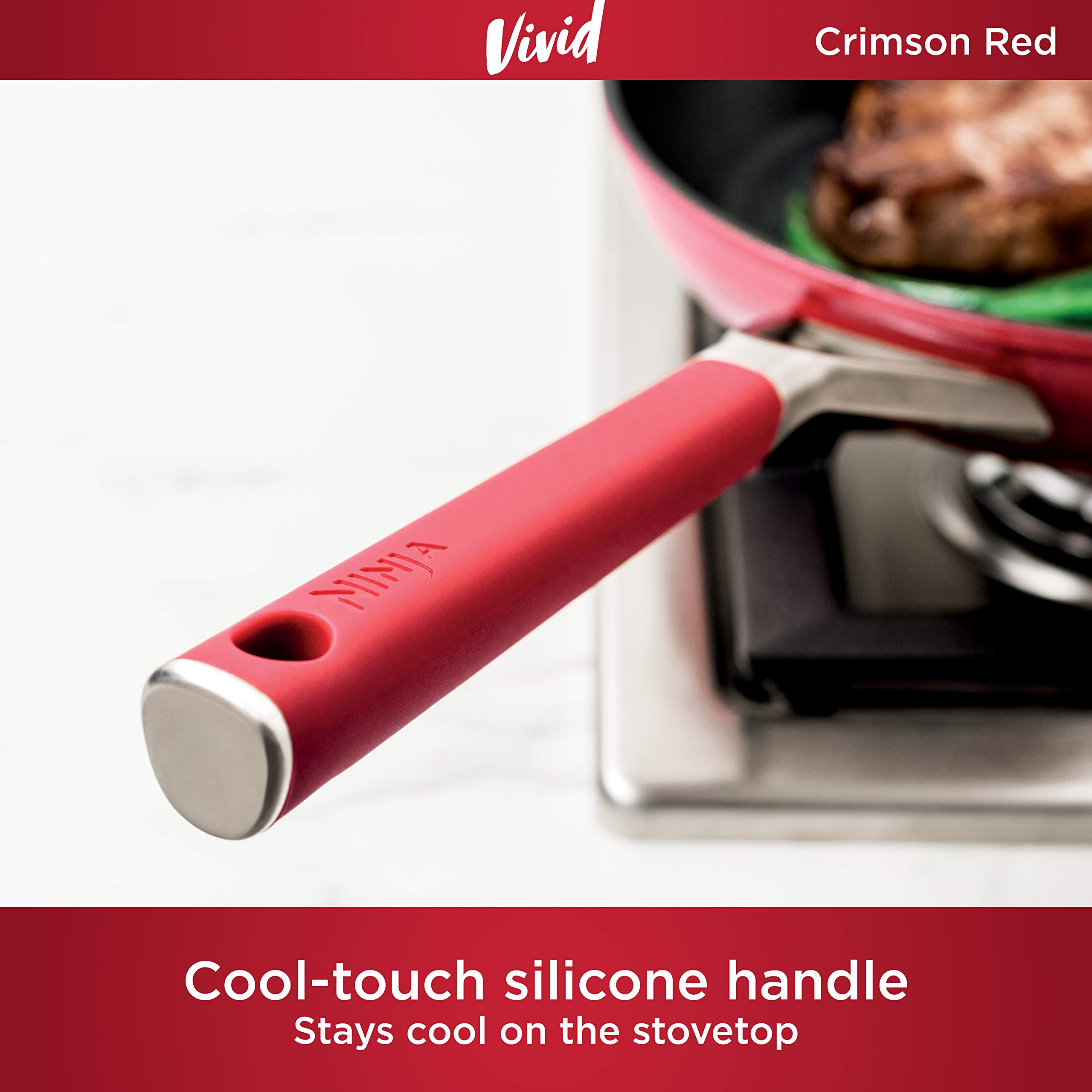 Ninja C20130 Foodi NeverStick Vivid 3-Quart Nonstick Sauté Pan with Glass Lid - Durable, Oven Safe to 400°F, Cool-Touch Handles, Crimson Red - Perfect for Sautéing, Frying & Baking at Home