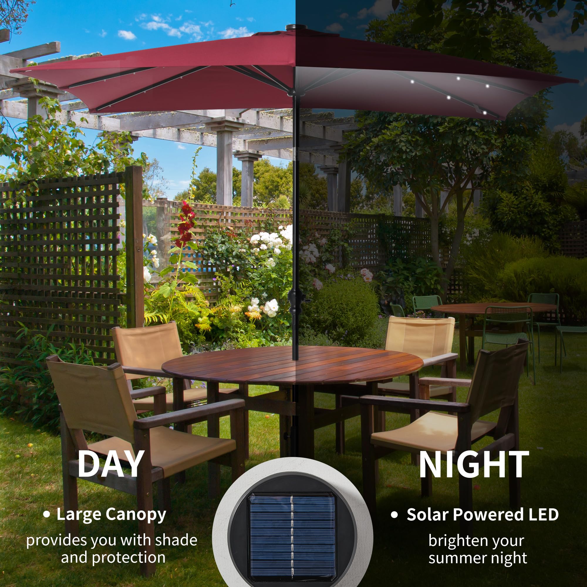Outsunny 9' x 7' Solar LED Patio Umbrella with Tilt & Crank - Waterproof Outdoor Market Umbrella for Garden, Deck, Backyard, Pool & Beach - Perfect for Dining, Lounging and Outdoor Entertaining