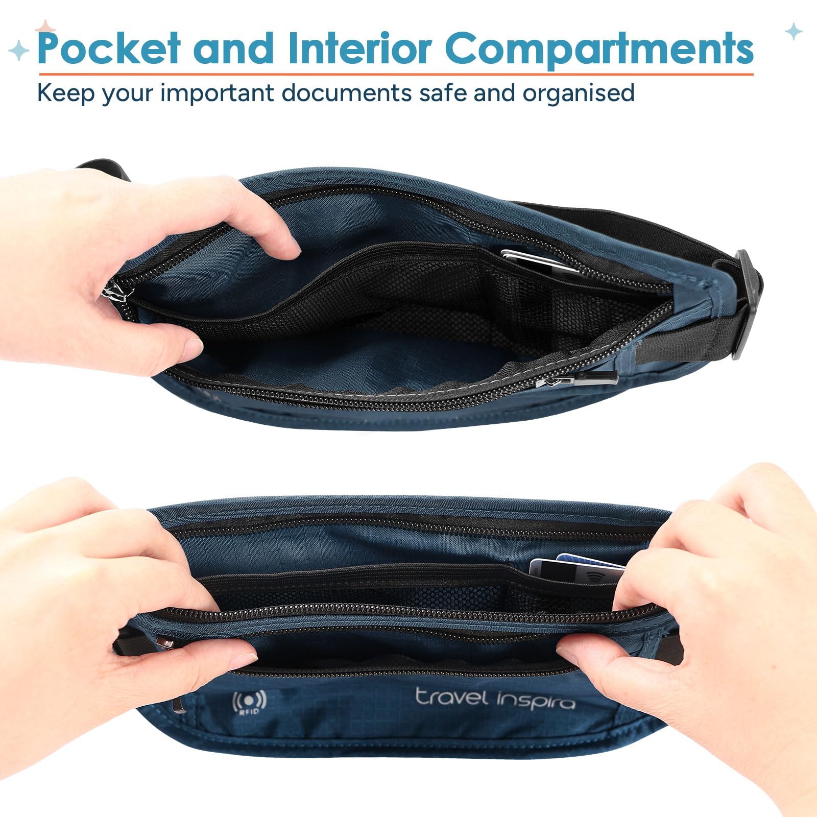 Slim Anti-Theft RFID Blocking Travel Money Belt - Hidden Passport Holder for Credit Cards, Cash & Documents - Navy Blue - Perfect for Airports, Sightseeing & International Travel Security