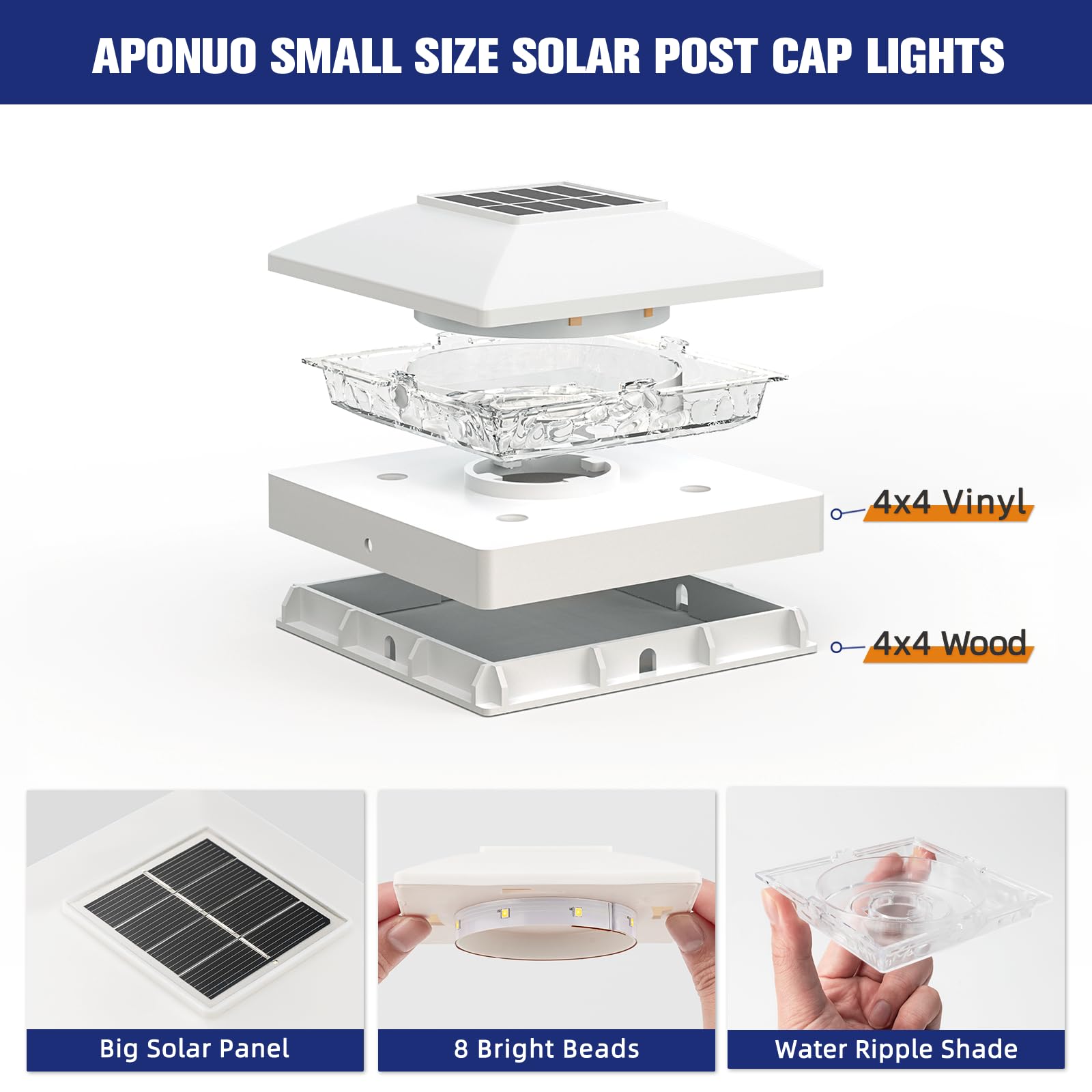 APONUO 8 Pack Solar Post Cap Lights - Cool White Waterproof Outdoor Solar Lights for 4x4 Wood/Vinyl Fence, Deck & Patio - Energy Efficient Garden & Pathway Lighting for Nighttime Safety & Ambience