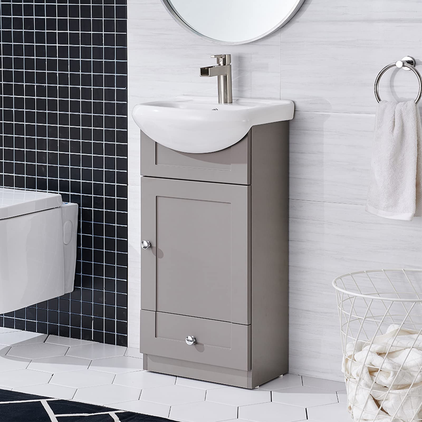 18 Inch Small Bathroom Vanity with Sink Combo - Freestanding Modern Grey Khaki Wood Vanity & Ceramic Vessel Sink Set - Space Saving Sink Cabinet with 1 Door & 1 Drawer - Perfect for Compact Bathrooms, Powder Rooms & Small Spaces