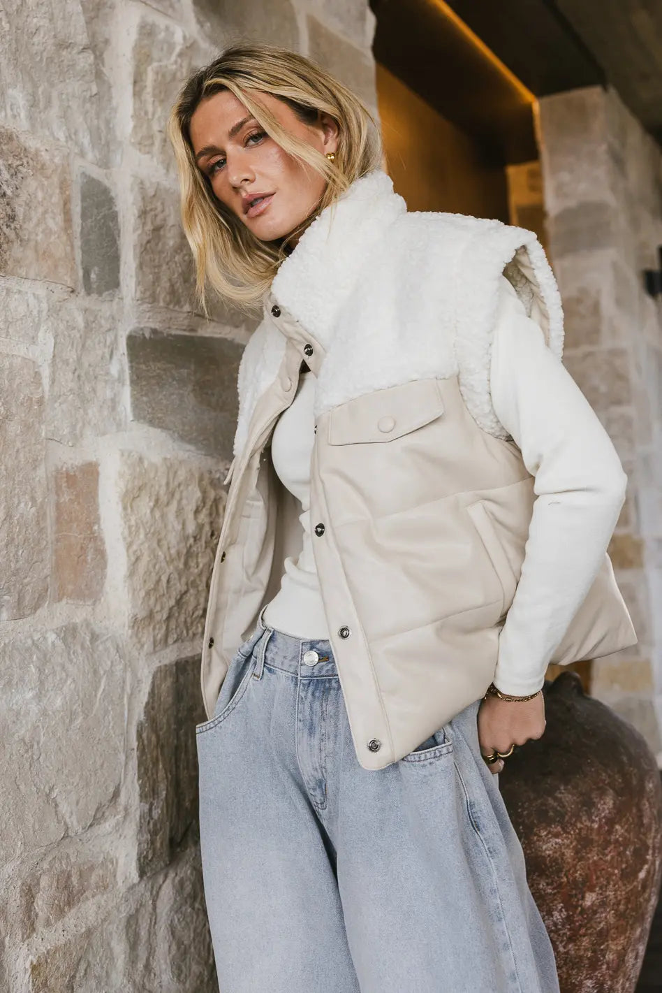 Lets Get Lost Vegan Vest in Cream - Eco-Friendly Women's Winter Jacket for Outdoor Adventures & Casual Wear