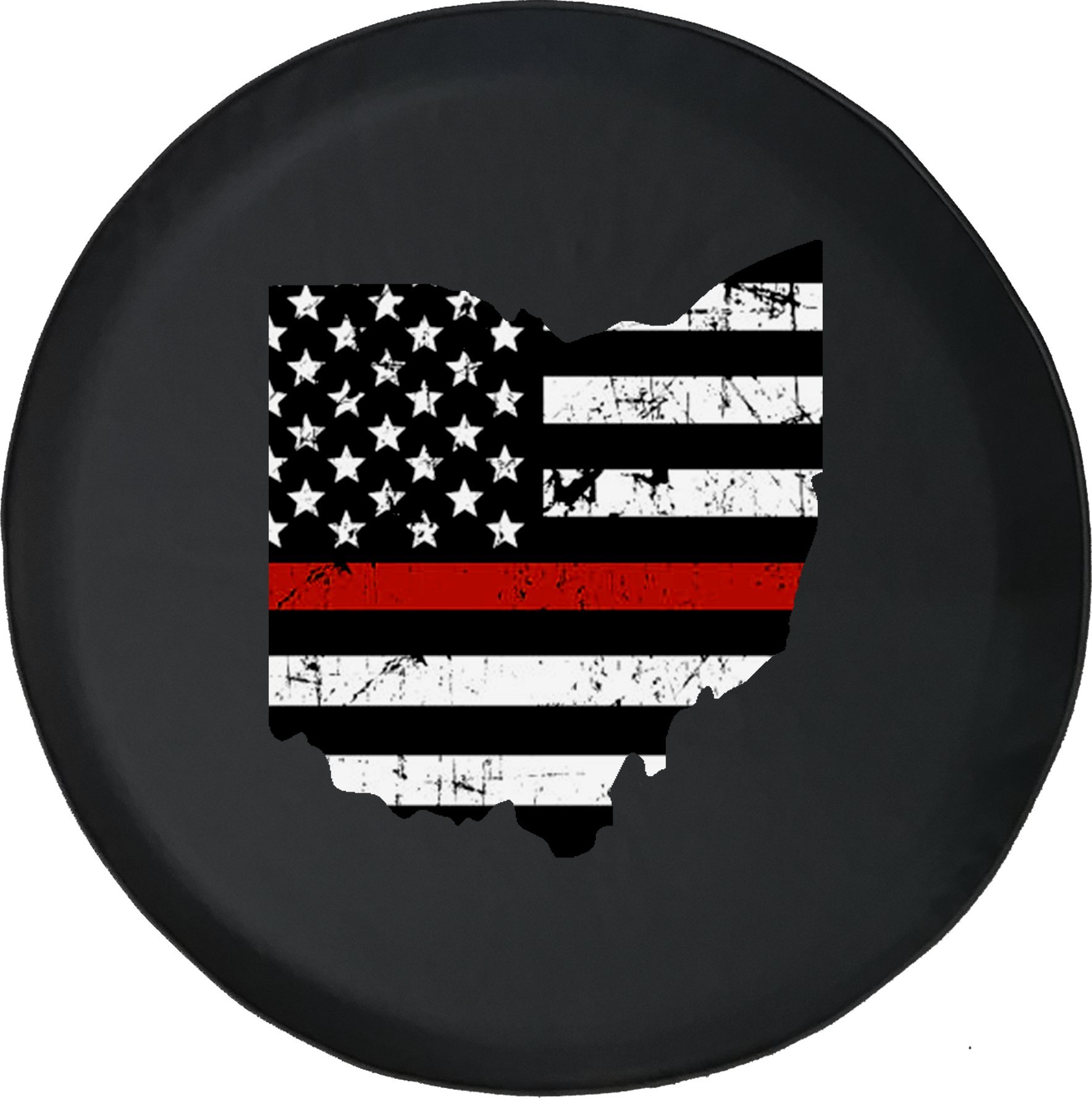 32 Inch Universal Black MUD Tire Cover with Thin Red Line & Ohio Distressed Design - Durable Protection for Trucks, Jeeps & SUVs (Patriotic & Off-Road Use)