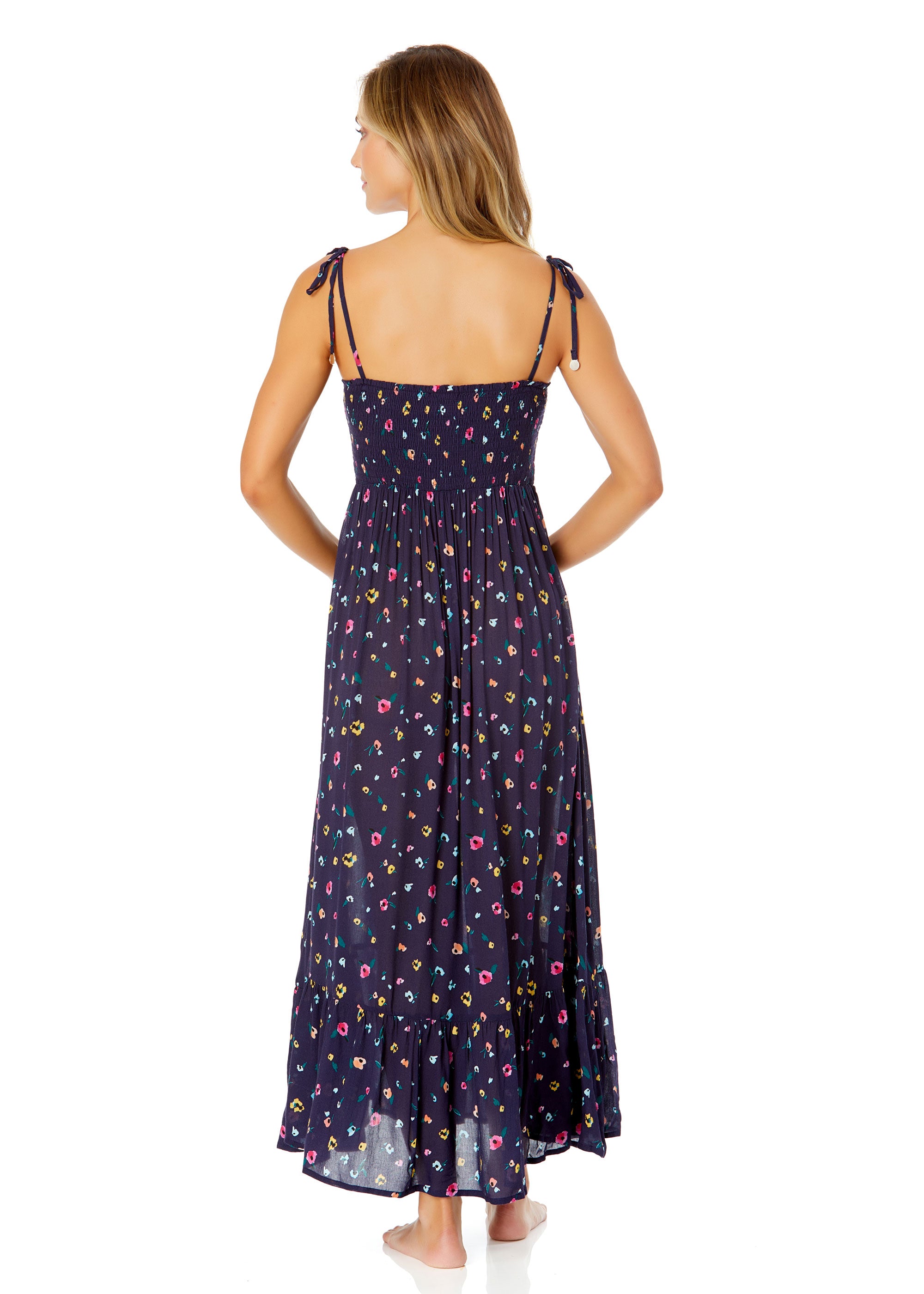 Women's Gradient Floral Smocked Shoulder Tie Dress Cover Up - Beachwear, Poolside, Summer Vacation Outfit