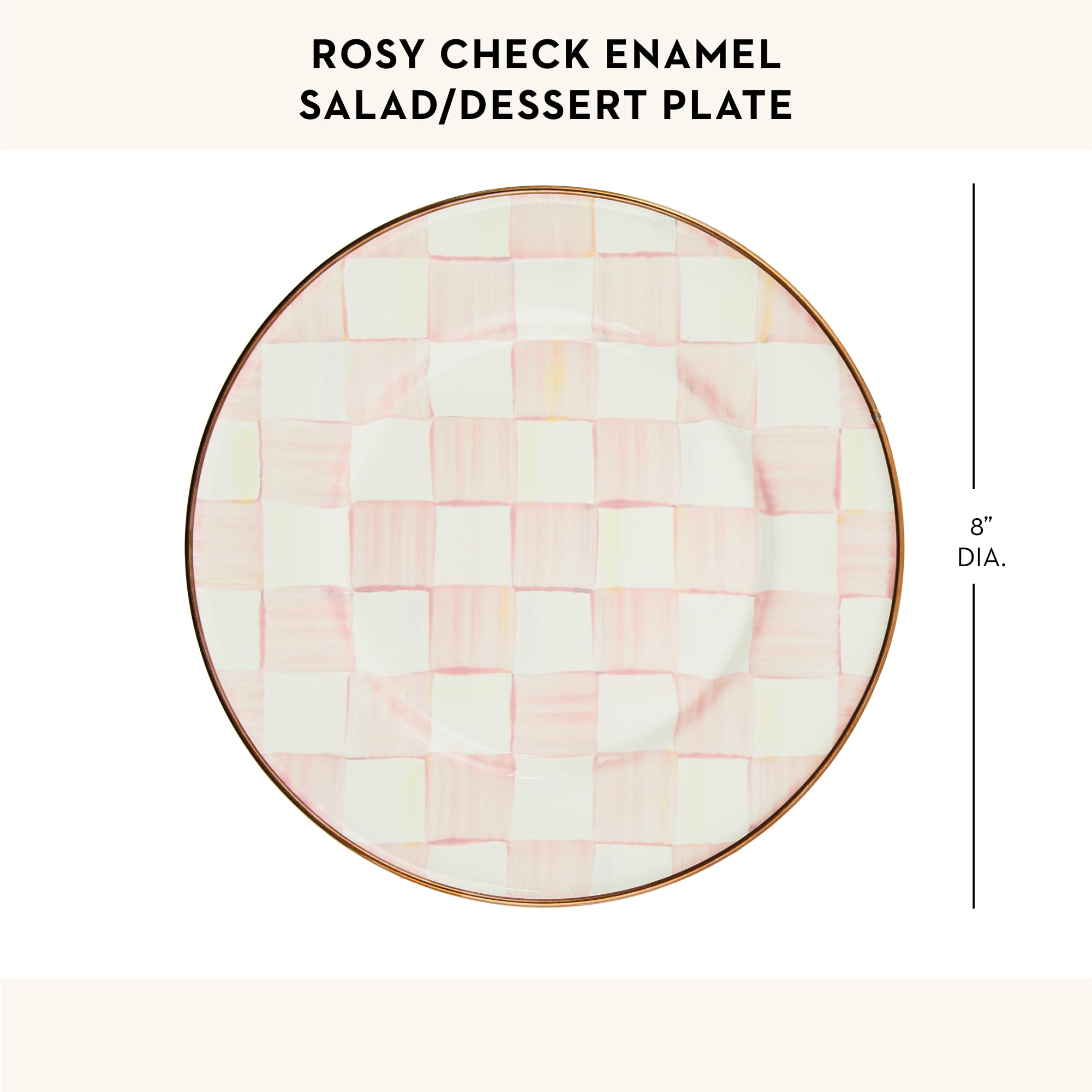 MACKENZIE-CHILDS 8-Inch Enamel Salad Plate & Dessert Plate - Pink and White Rosy Check Design - Perfect for Appetizers, Desserts, Tea Parties & Home Decor