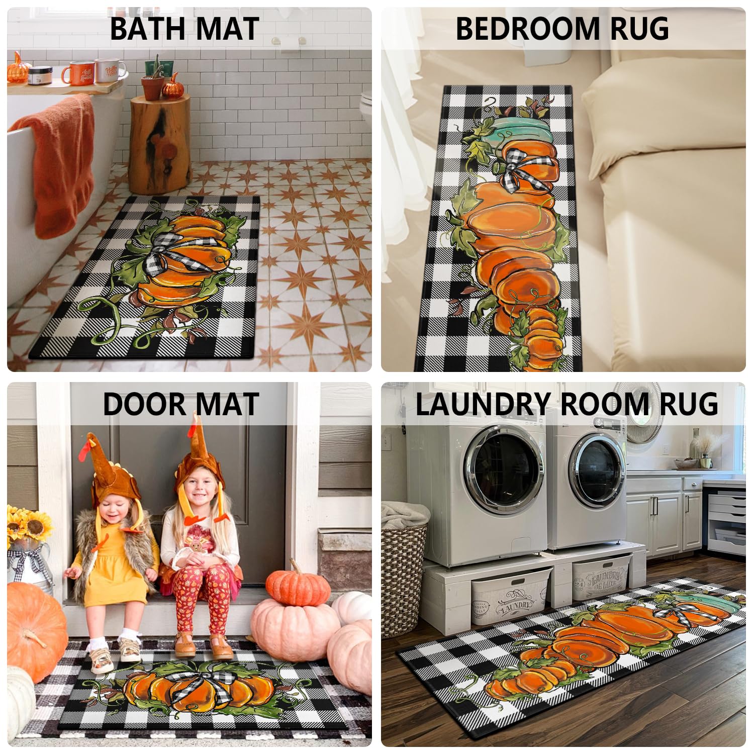 Faptoena Fall Pumpkin Kitchen Rugs Set of 2 - Non-Slip Washable Buffalo Plaid Thanksgiving Mats for Farmhouse Decor (17x47 + 17x30) - Perfect for Autumn Kitchen Flooring and Cozy Home Decorations