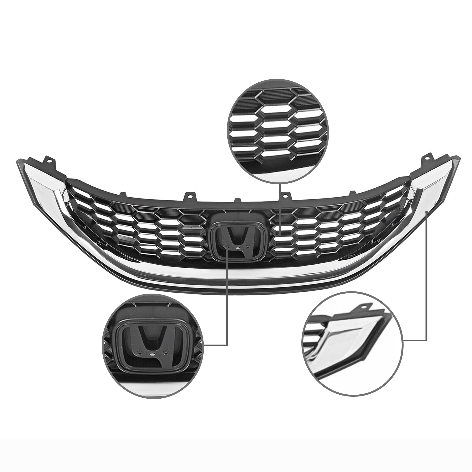 Black & Chrome Front Bumper Grille for 2013-2015 Honda Civic Sedan | Perfect Fit Replacement Part | Enhances Vehicle Style & Protection for Daily Driving & Car Shows