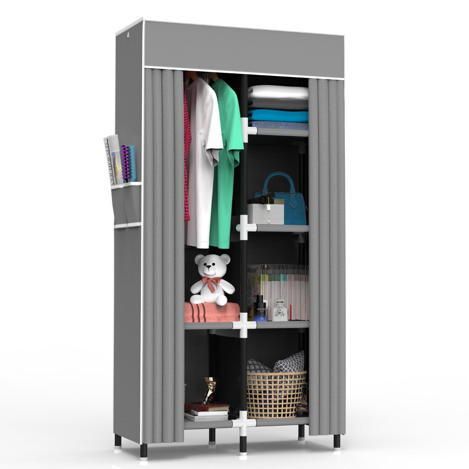 Portable Closet Wardrobe Organizer with 6 Shelves & Hanging Rack - Compact Clothes Storage for Small Spaces | Perfect for Apartments, Dorms, Travel & Seasonal Clothing Organization (Grey, Small)