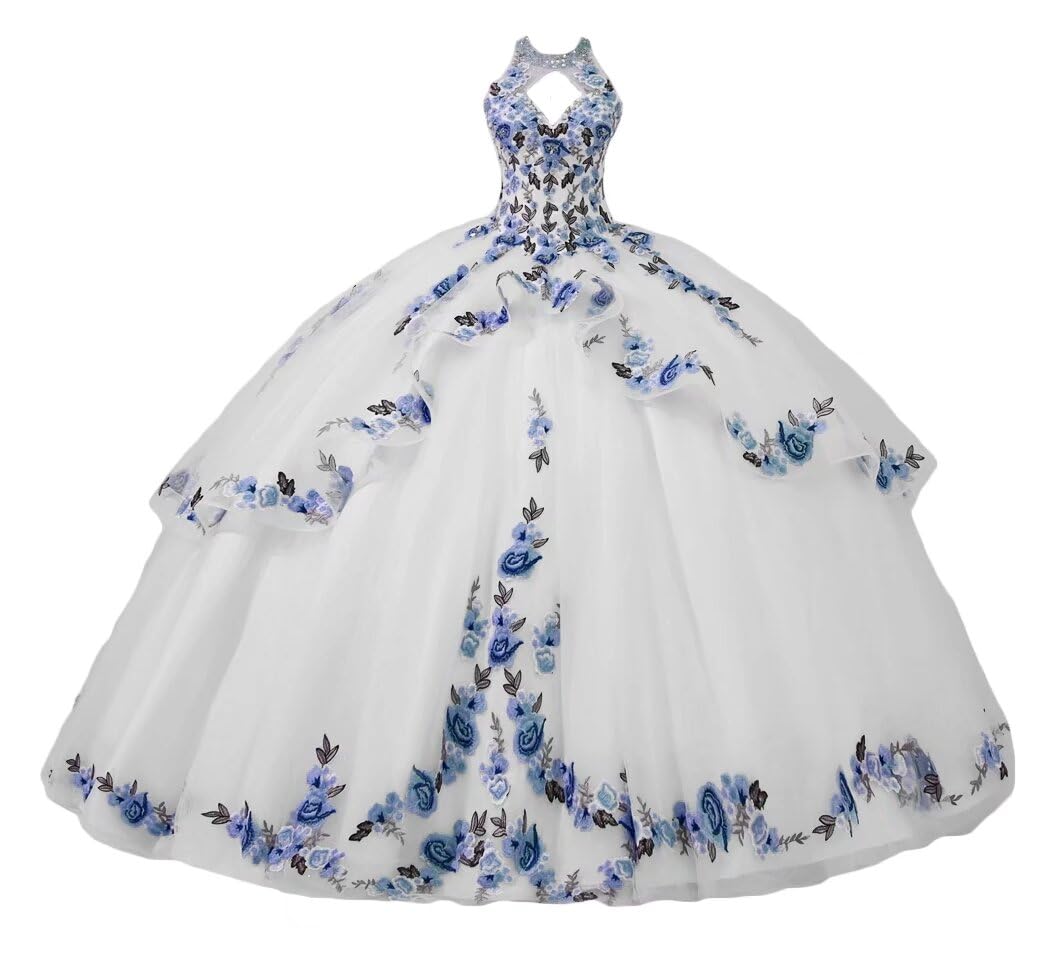 Elegant White A-Line Tulle Wedding Dress with Floral Appliques - Halter Neck Bridal Gown for Quinceañera & Special Occasions | Perfect for Beach Weddings, Garden Ceremonies, and Formal Events