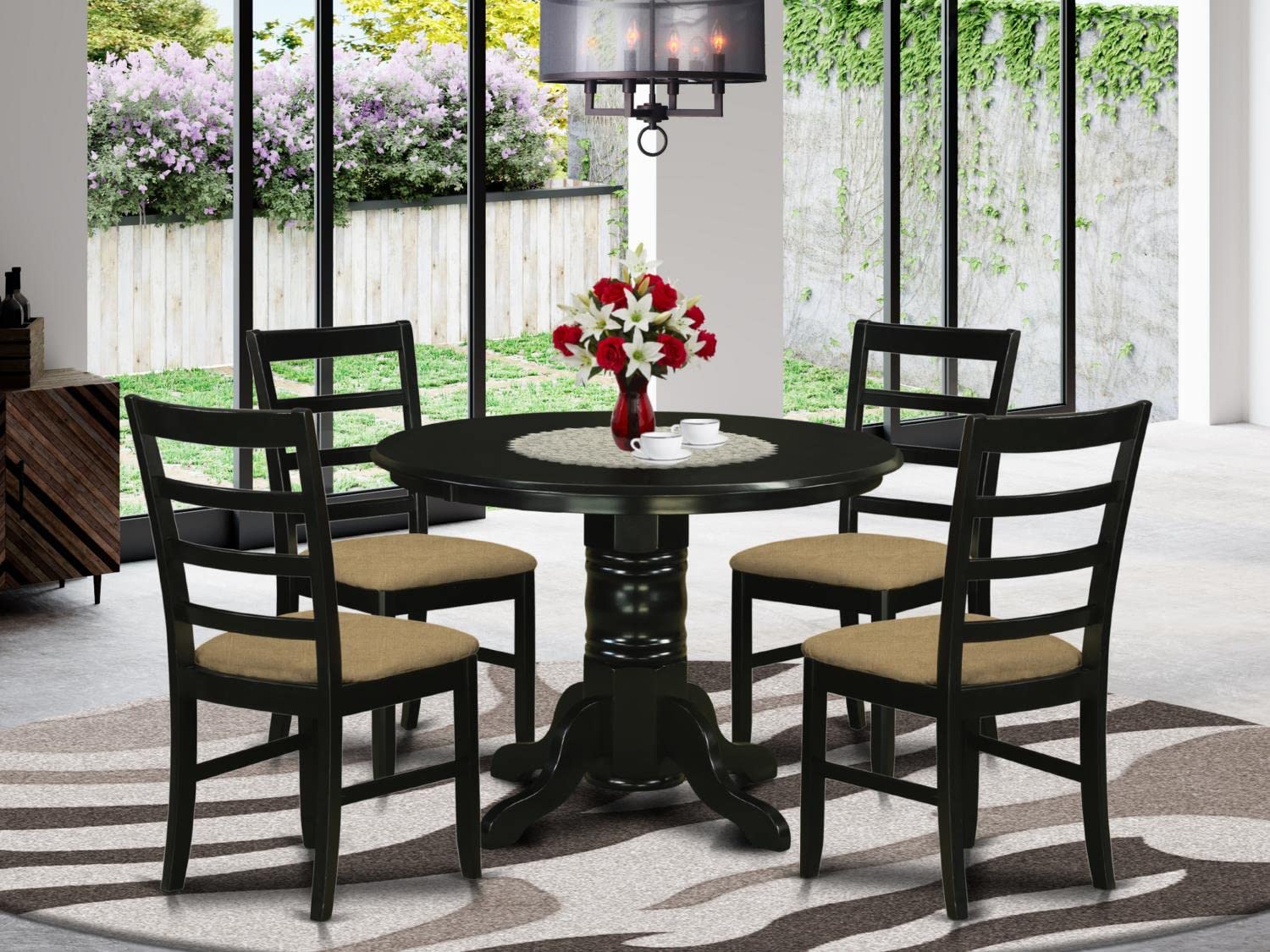 East West Furniture 5-Piece Round Dining Table Set with Pedestal Base & 4 Linen Fabric Chairs - 42 Inch Black Kitchen Table for 4 - Perfect for Small Spaces, Breakfast Nooks & Cozy Family Meals