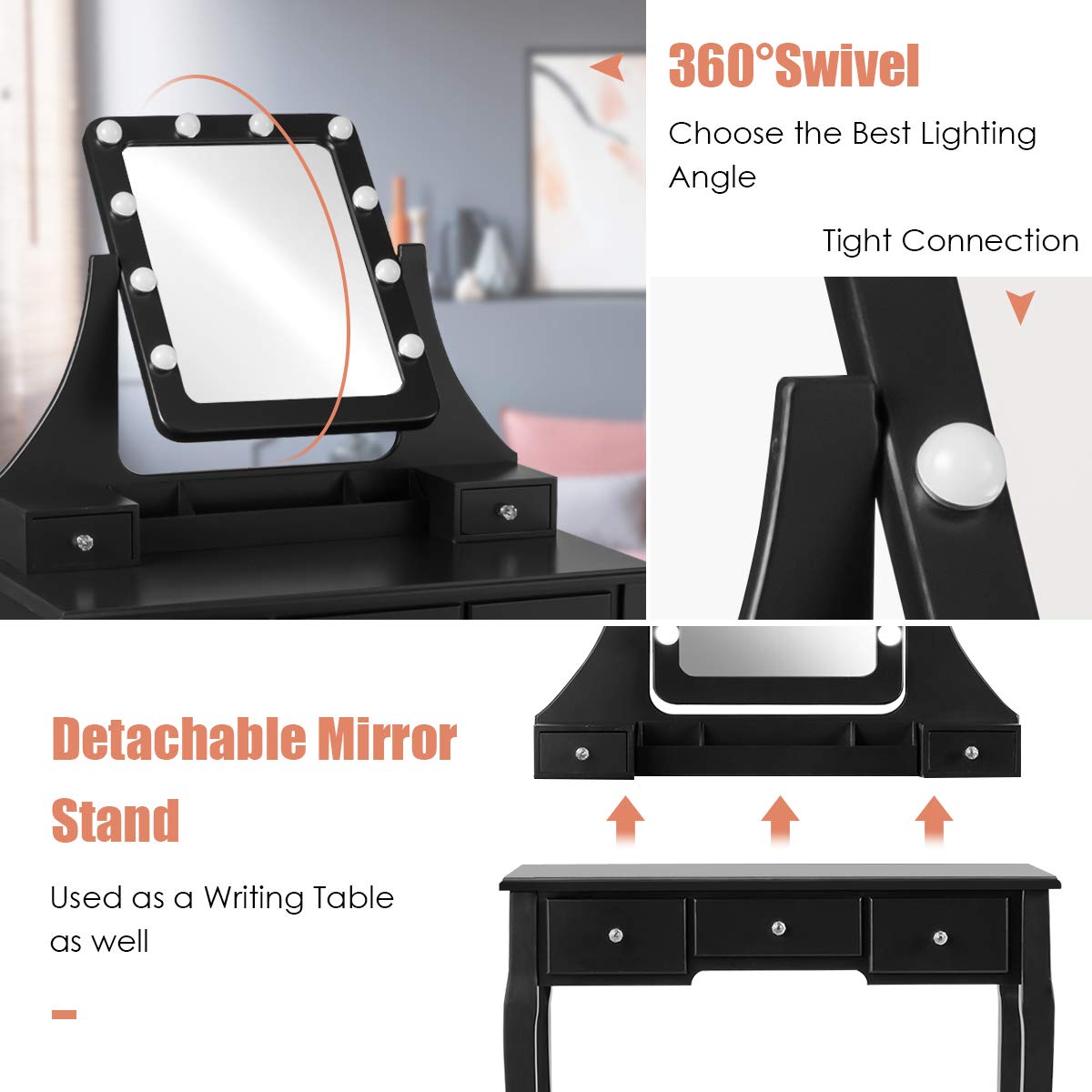 Modern Vanity Set with LED Lighted Mirror & Storage Drawers - 360° Rotatable Makeup Dressing Table with Cushioned Stool, Bedroom Furniture for Women | Perfect for Small Spaces, Makeup Application & Home Decor (Black)