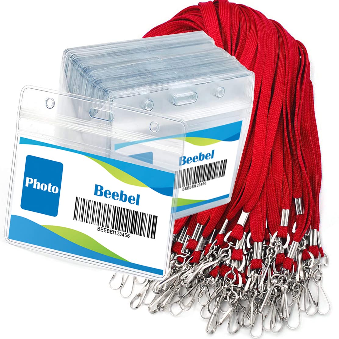 Beebel Waterproof ID Card Holder & Lanyard Set - 50Pcs Clear Name Badges with 52Pcs Swivel Hook Lanyards (Red) for Office & Events