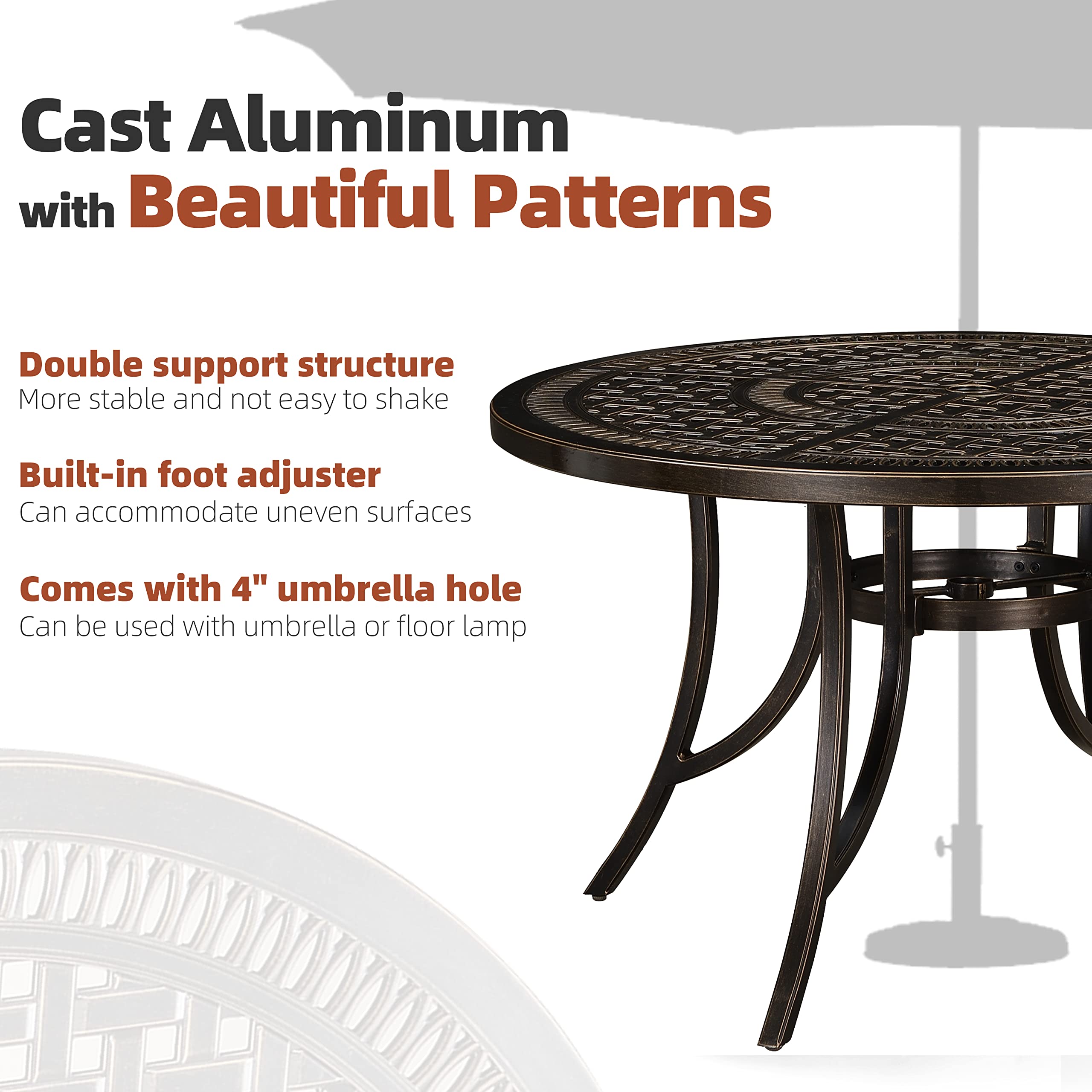 PURPLE LEAF 47 Inch Outdoor Round Dining Table - Weather-Resistant Cast Aluminum Patio Table with Umbrella Hole for Backyard, Lawn, Balcony & Deck - Perfect for Outdoor Dining, Entertaining & Relaxing