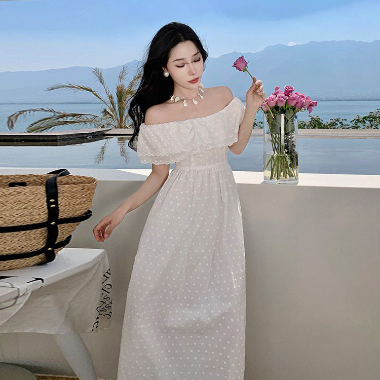 Elegant Off Shoulder Summer Dress with Embroidered Floral Design - Long Boho Maxi Dress for Women - Perfect for Beach Vacations, Weddings, and Date Nights