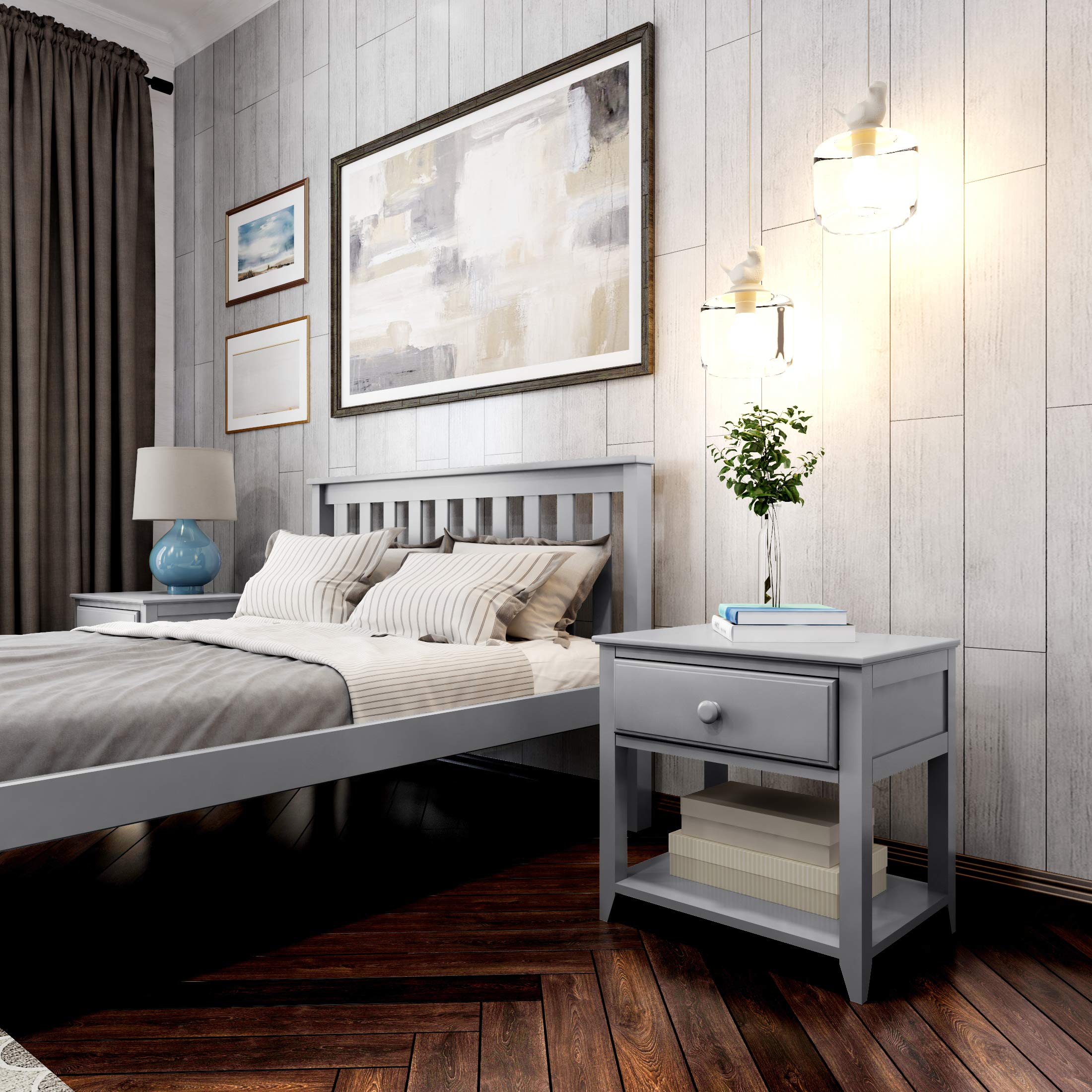 Plank+Beam Modern Nightstand with Drawer and Open Shelf - Grey Wood Bedside Table for Bedroom, Living Room & Office Storage