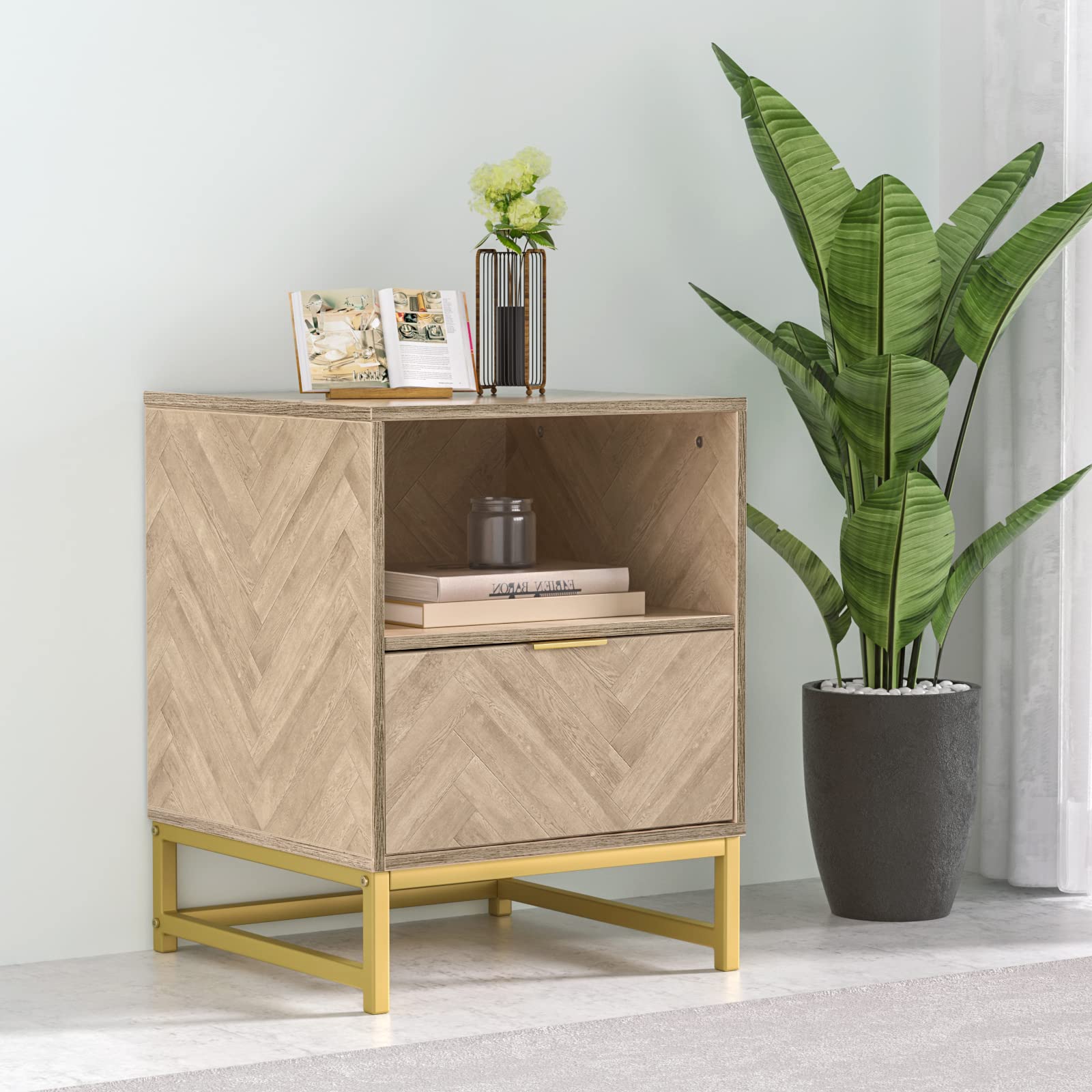 Modern Wood Nightstand - Farmhouse Style Bedside Table with Drawer & Open Shelf, Sofa End Table for Living Room & Bedroom - Perfect for Storing Books, Lamps & Bedroom Essentials (H0054)