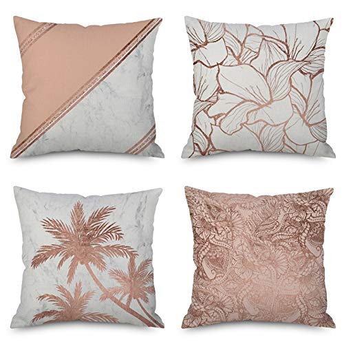 VenusL Set of 4 Decorative Throw Pillow Covers - 18x18 Inch (45x45cm) Elegant Champagne Rose White Pink Shining Design with Coconut Tree, Fish Scales & Floral Patterns, One-Side Printed Cotton Linen - Perfect for Sofa, Bedroom, Living Room & Home Decor