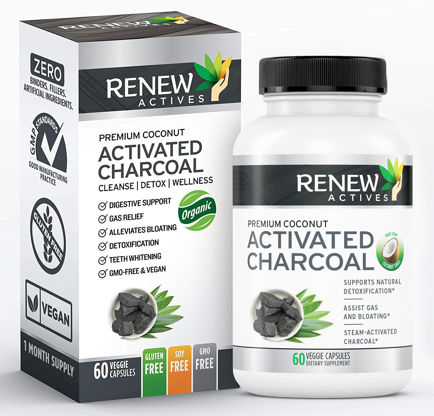 Renew Actives Activated Charcoal Supplement 1100MG (60 Capsules) - Natural Digestive Support & Teeth Whitening Formula | Made in Canada | No Artificial Ingredients | Detox & Oral Care for Daily Wellness